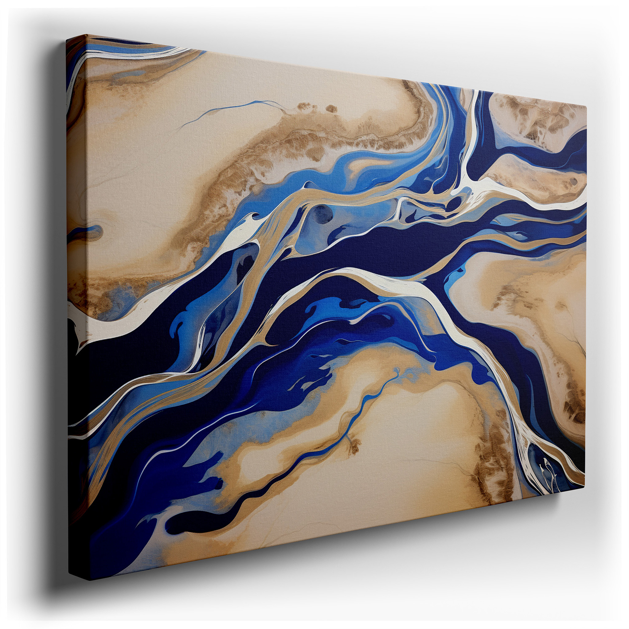 Abstract Enchanting Waterways Wall Art in Vivid Blues and Earthy Tones, Large Canvas for Office, Bedroom, and Living