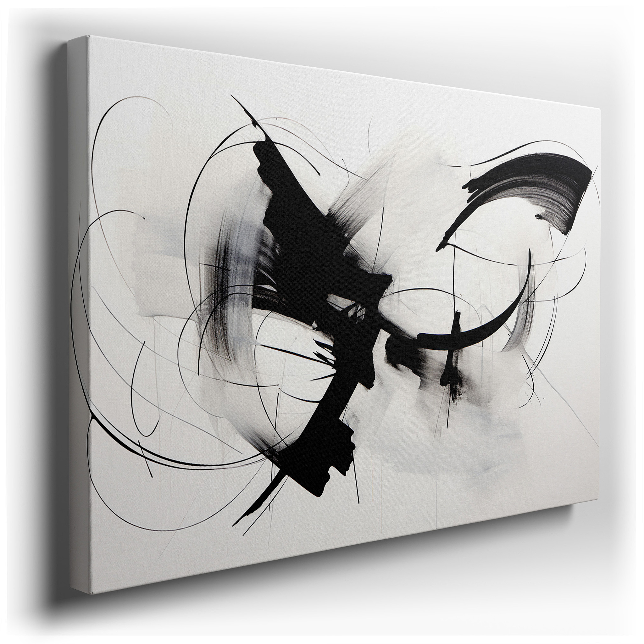 Abstract Expressionism Masterpiece in Black and White Dynamic Brushstrokes, Large Canvas Wall Art for Office and