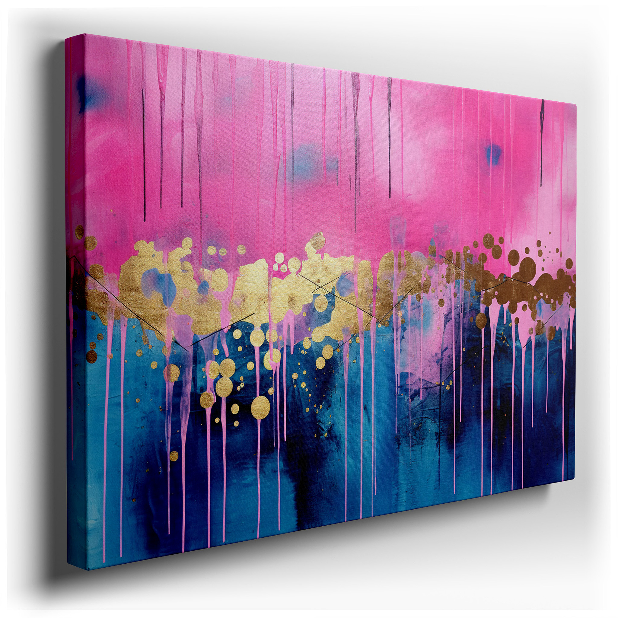 Abstract Expressionist Large Wall Art Featuring Dynamic Harmony of Pink and Gold Splashes, Ideal for Office and Bedroom