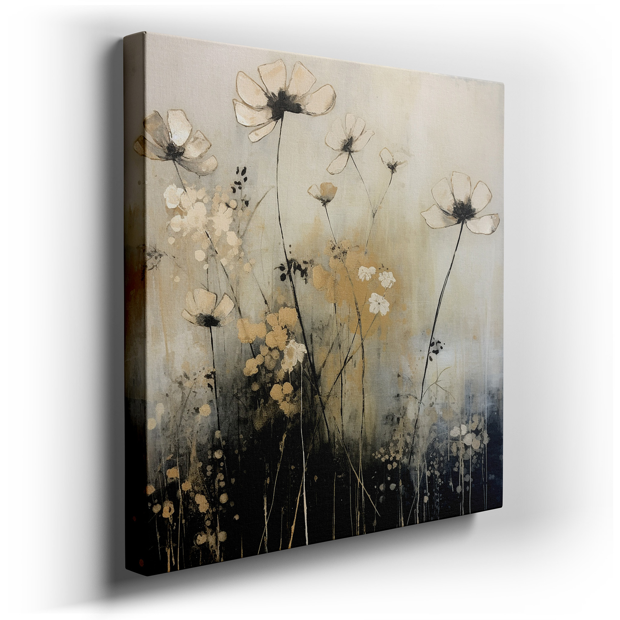 Abstract Floral Harmony with Ethereal Blooms and Golden Accents, Large Canvas Wall Art for Office, Bedroom, and Living
