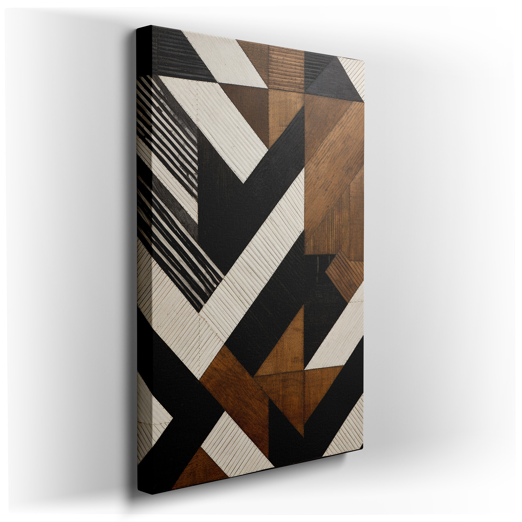 Abstract Geometric Shapes in Black, White, and Brown Featuring Bold Contrasts and Textural Depth, Large Canvas Wall Art