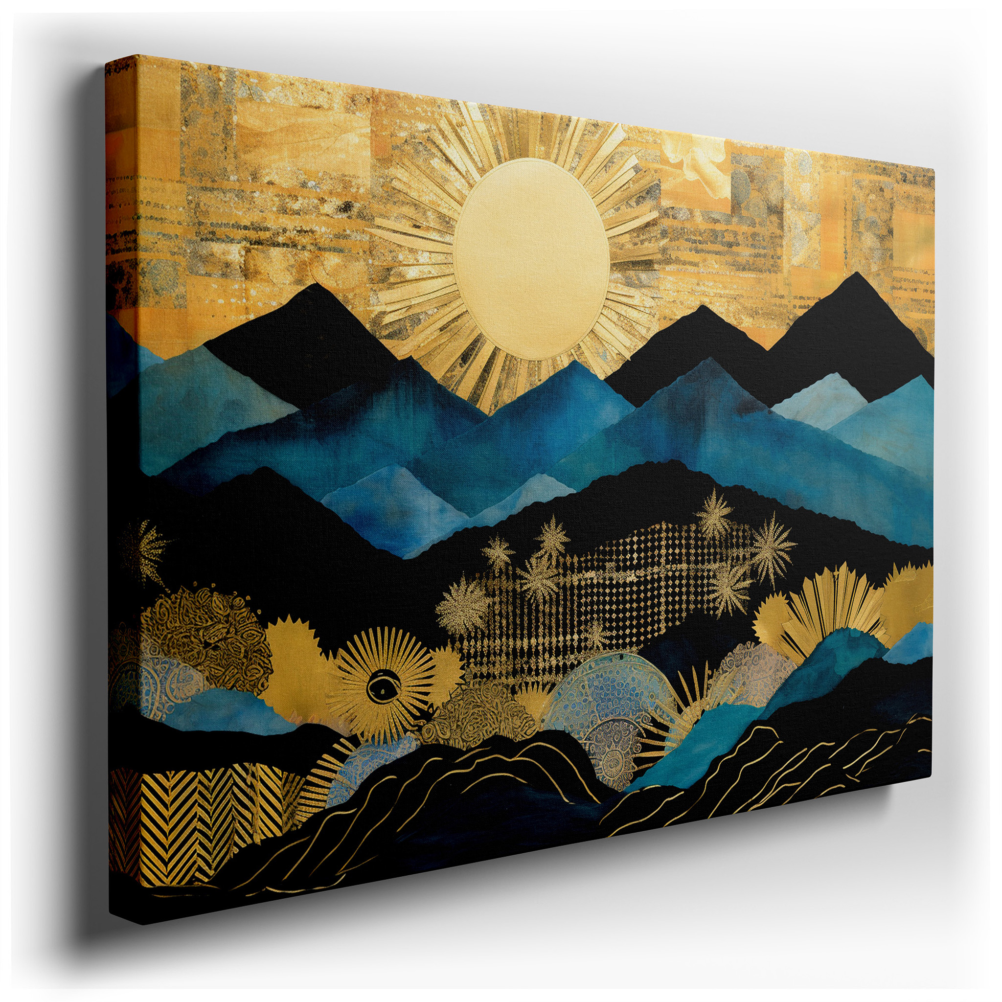 Abstract Mountain Landscapes in Blue and Gold Tones, Large Canvas Wall Art for Office and Bedroom Decor wrapped canvas
