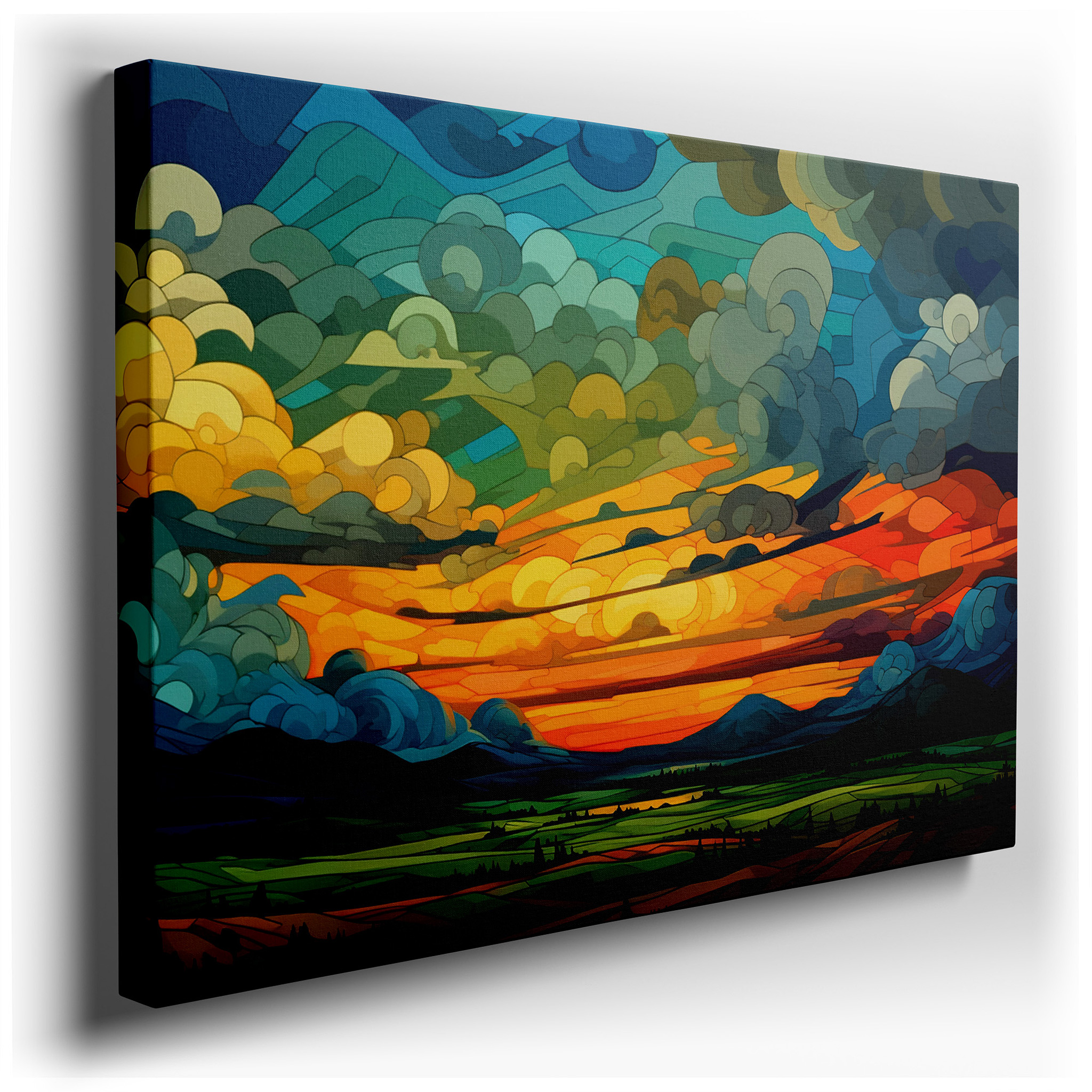Abstract Sunset Over Mountain Silhouettes - A Captivating Mix of Warm and Cool Tones, Large Wall Art, Canvas Wall Art,