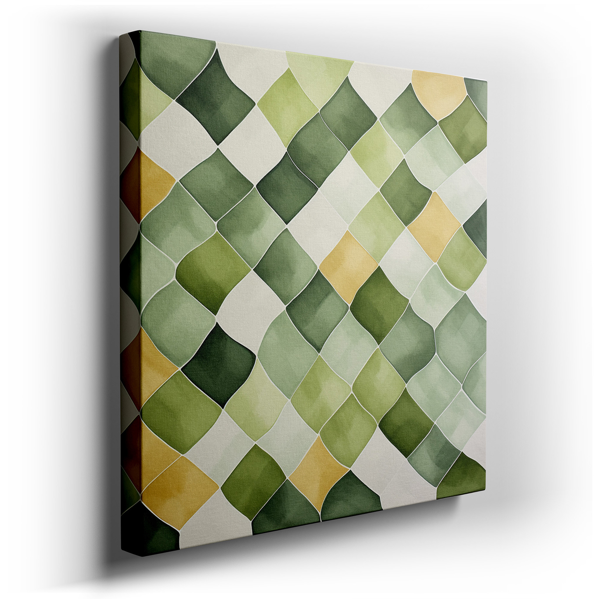 Abstract Symphony of Soothing Greens and Sunlit Yellows: Nature's Essence Through Curves, Large Canvas Wall Art wrapped