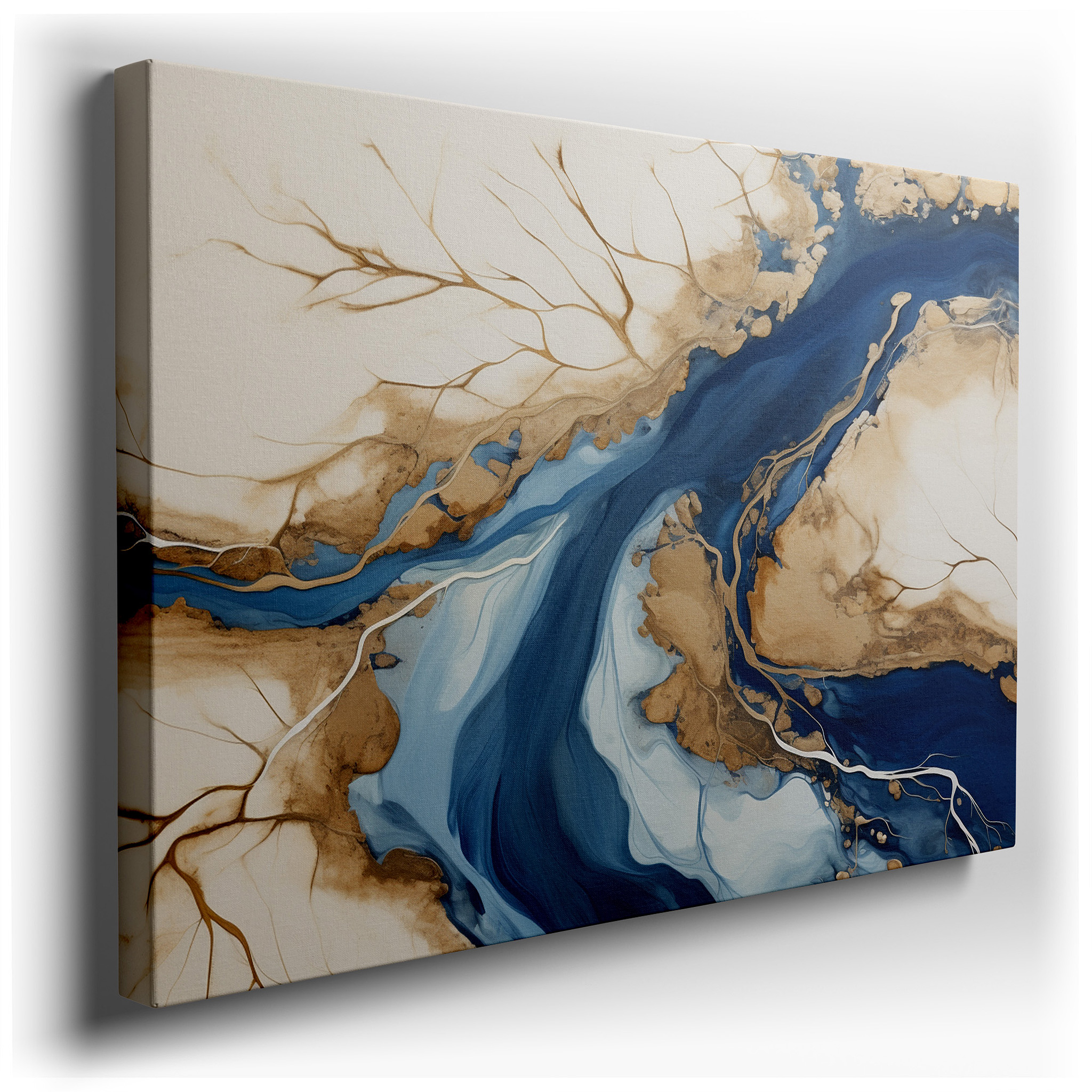 Abstract Waterways in Blue and Earth Tones, Tranquil Large Wall Art, Canvas Decor for Office wrapped canvas - main