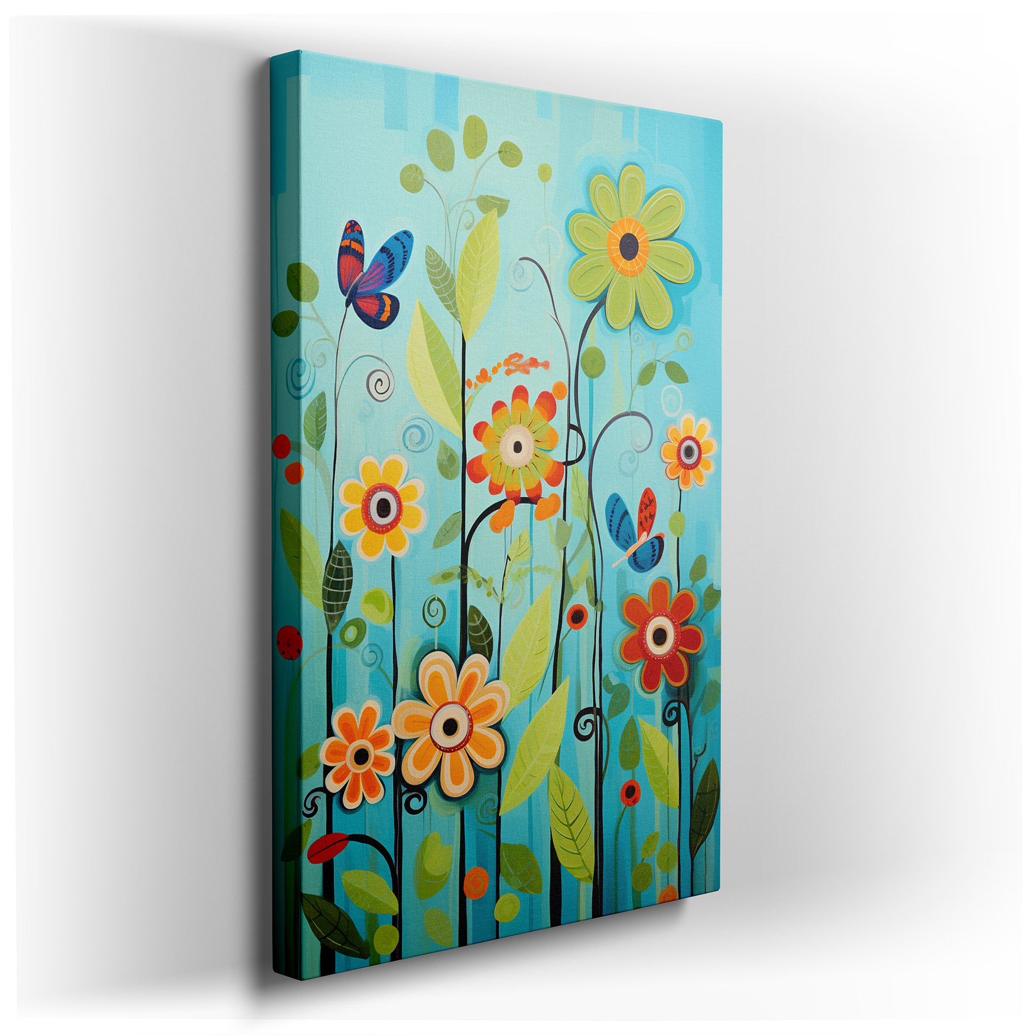 Abstract Whimsical Flowers on a Vibrant Blue Background, Large Canvas Wall Art Featuring a Fusion of Vibrant Colors