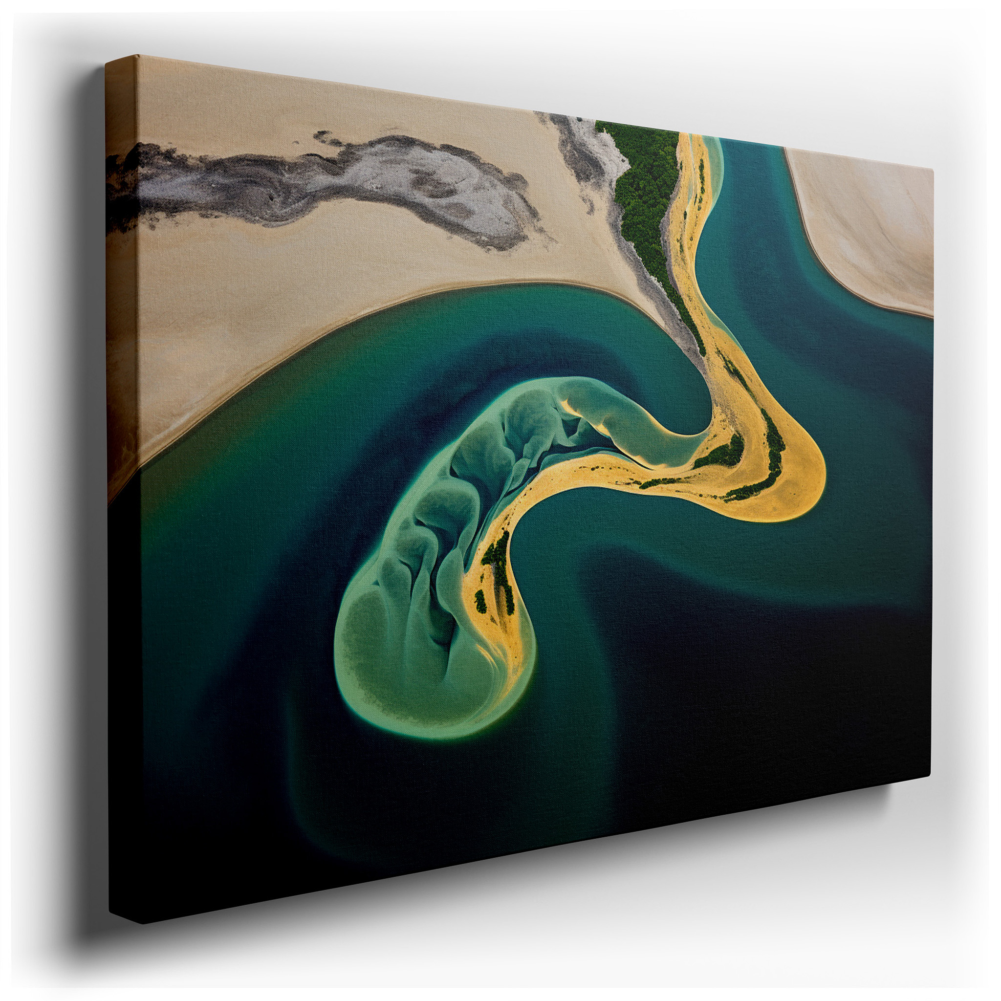 Aerial Island Oasis Surrounded by Bright Blue River Large Wall Art, Canvas Wall Decor, Office Wall Decor, Bedroom Wall