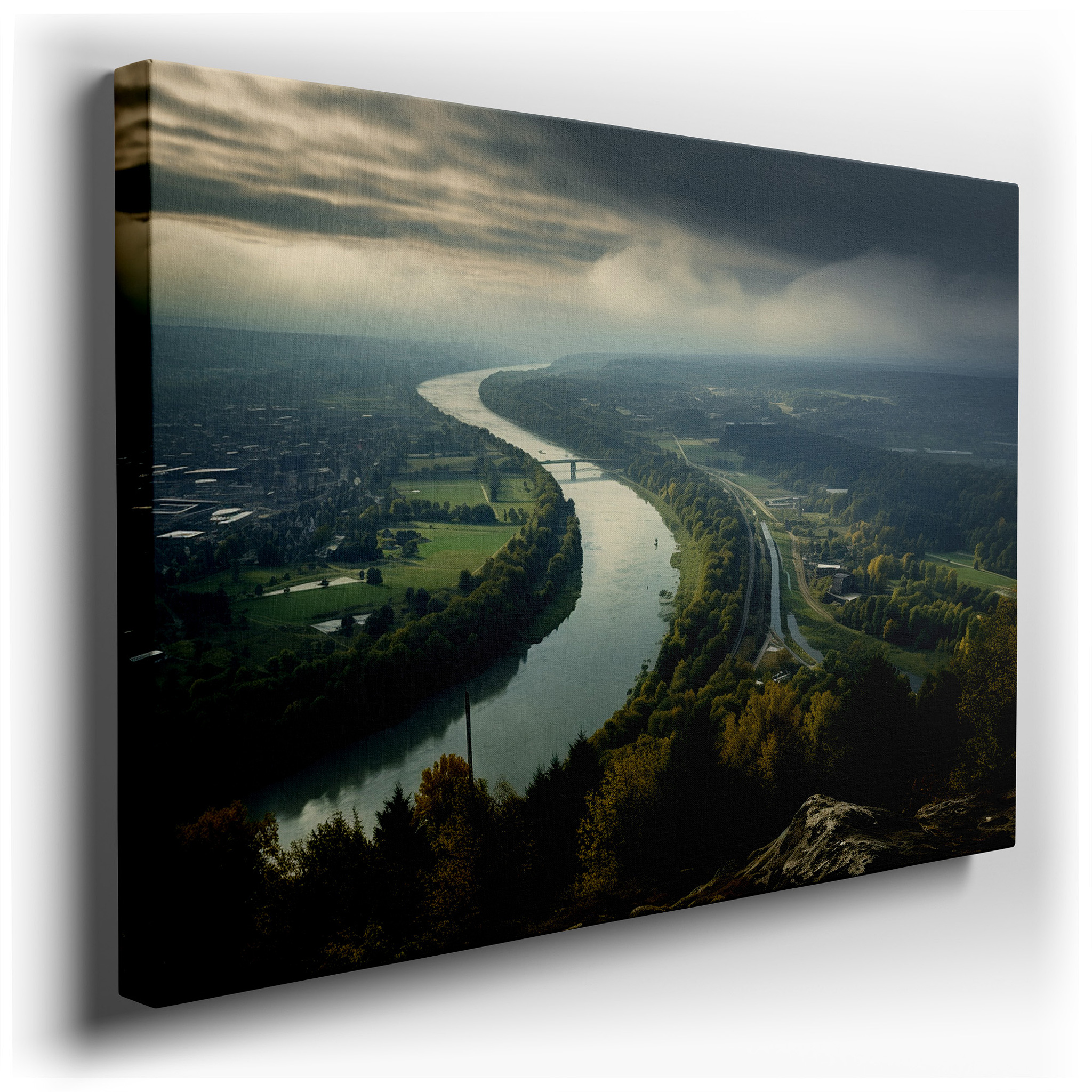 Aerial River and Lush Greenery Canvas Wall Art with Dramatic Sky for Office, Bedroom, and Living Room Decor wrapped