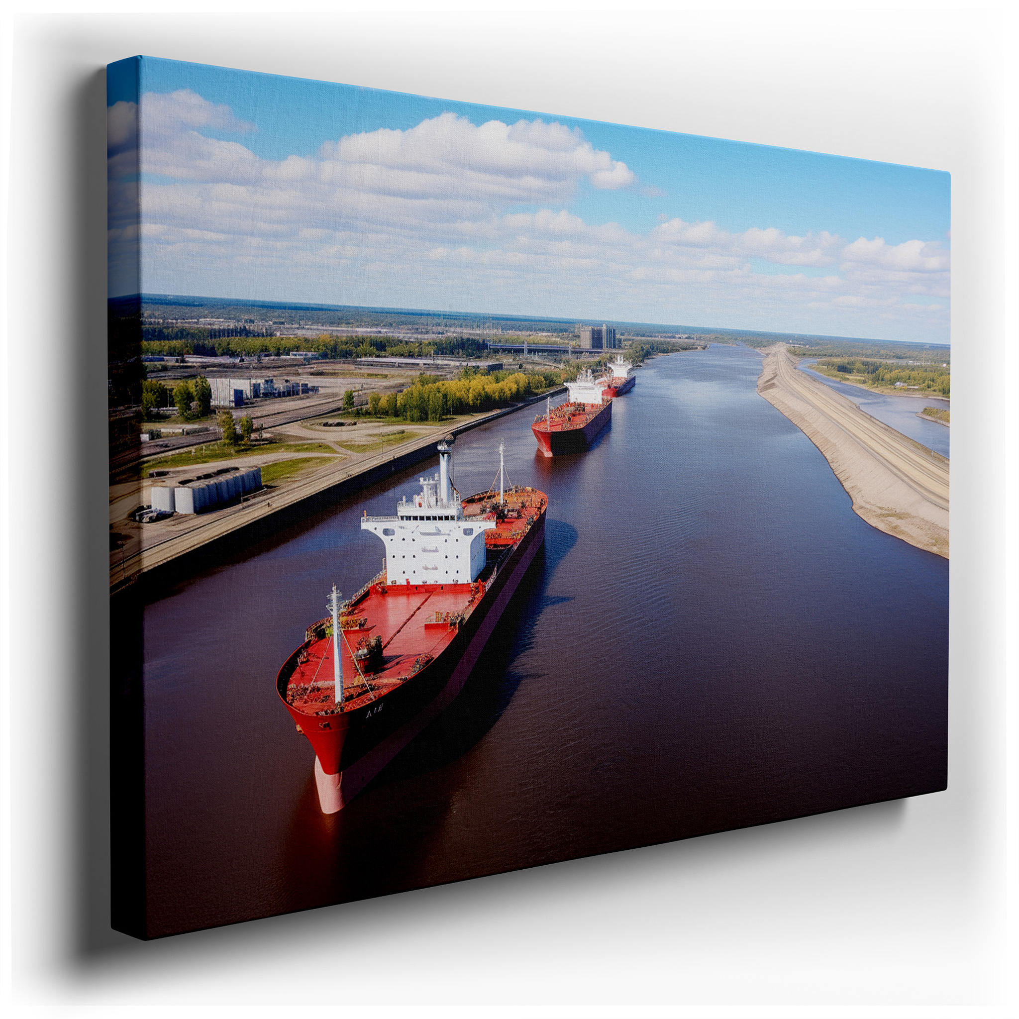 Aerial River View: Balancing Commerce and Tranquility - Large Canvas Wall Art for Office, Bedroom, and Living Room