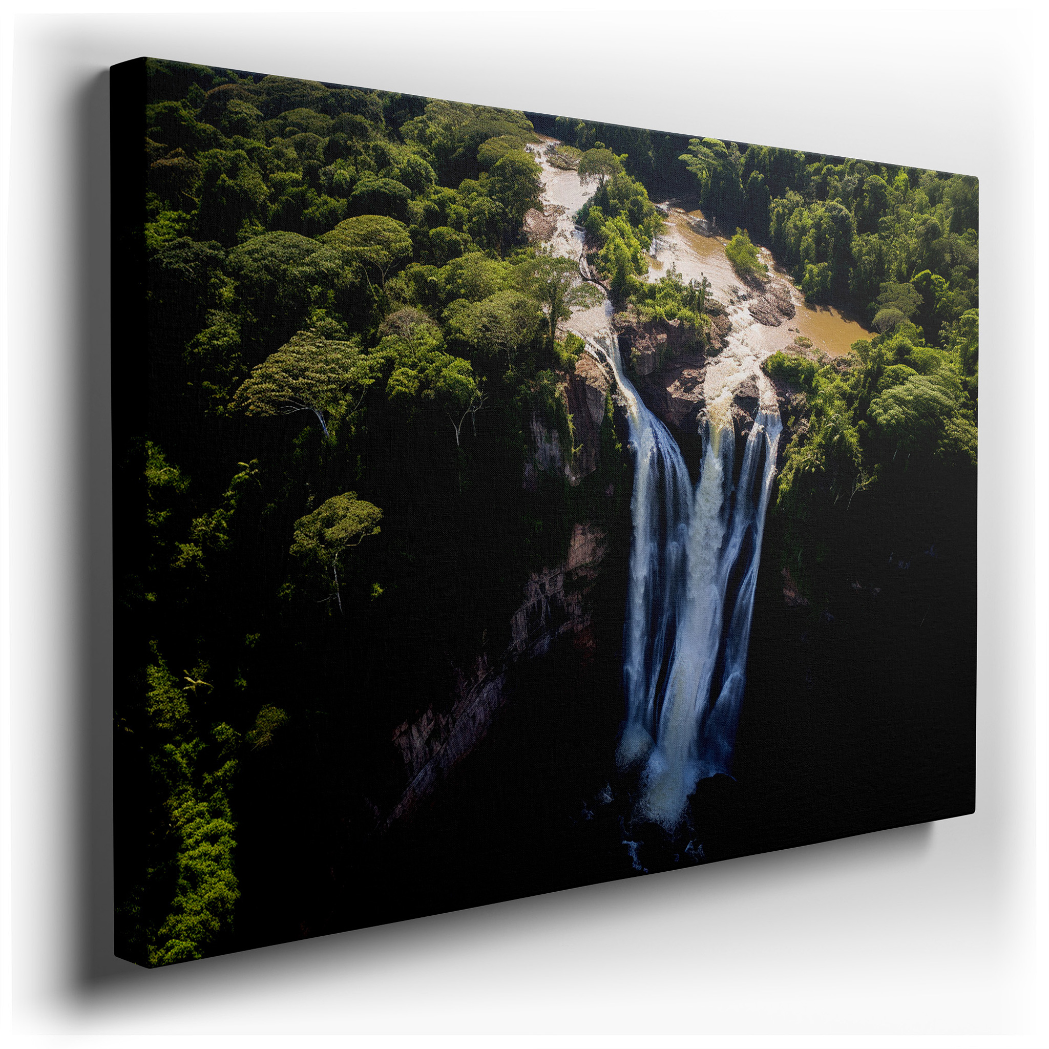 Aerial View of Majestic Waterfall in Lush Rainforest, Large Canvas Wall Art for Office and Bedroom Decor wrapped canvas