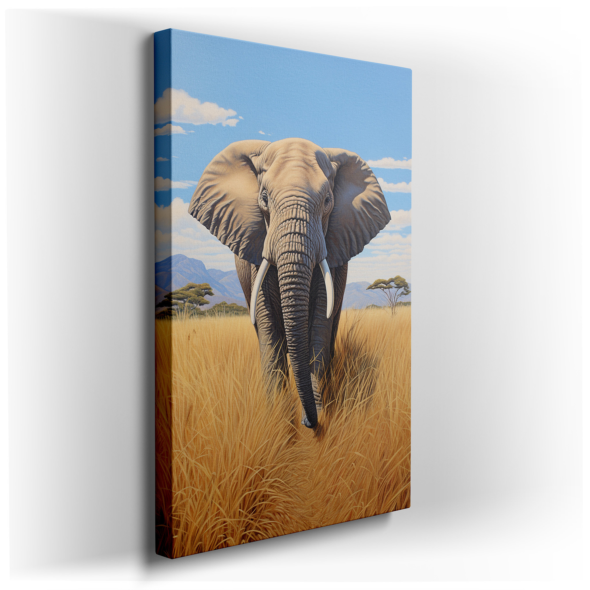 African Elephant in Golden Grass with Blue Sky Large Canvas Wall Art for Office, Bedroom, and Living Room Decor wrapped