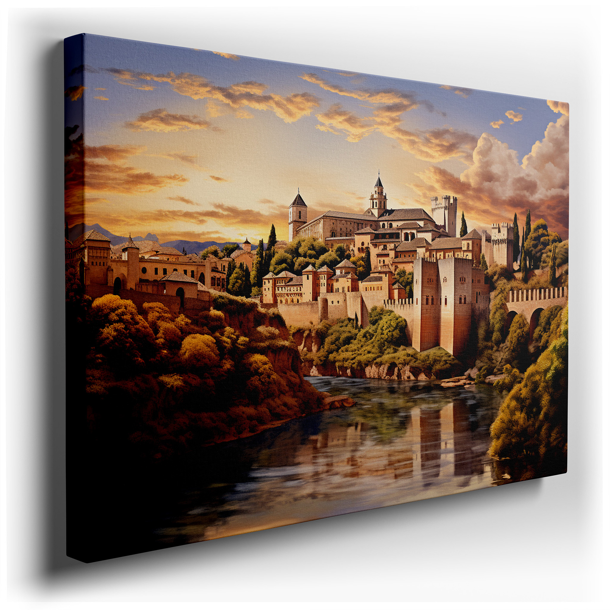 Alhambra's Autumn Splendor: A Canvas of Fiery Reds and Earth Tones Set Against Historic Grandeur - Large Wall Art for
