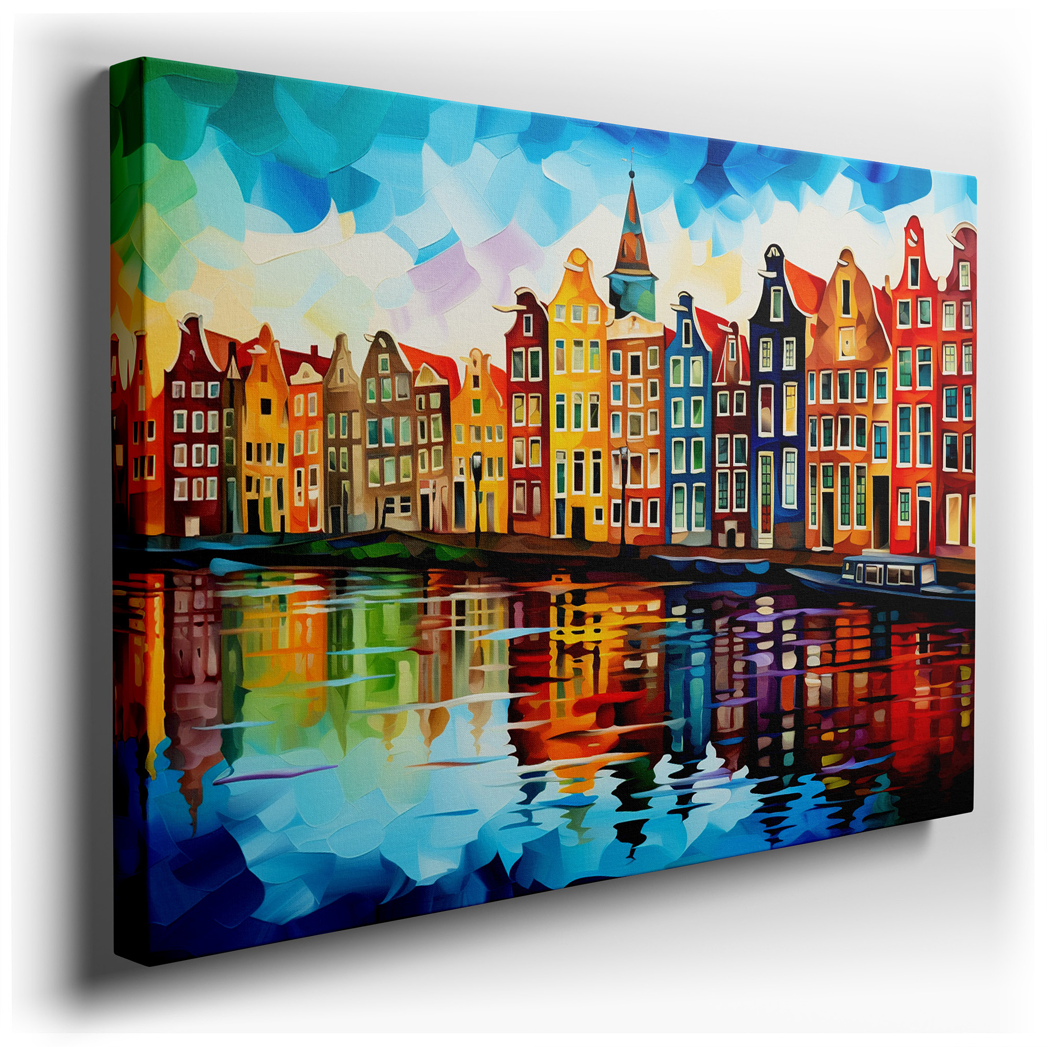Amsterdam Canal Scene with Vibrant Dutch Houses and Reflective Water - Large Canvas Wall Art for Office and Bedroom
