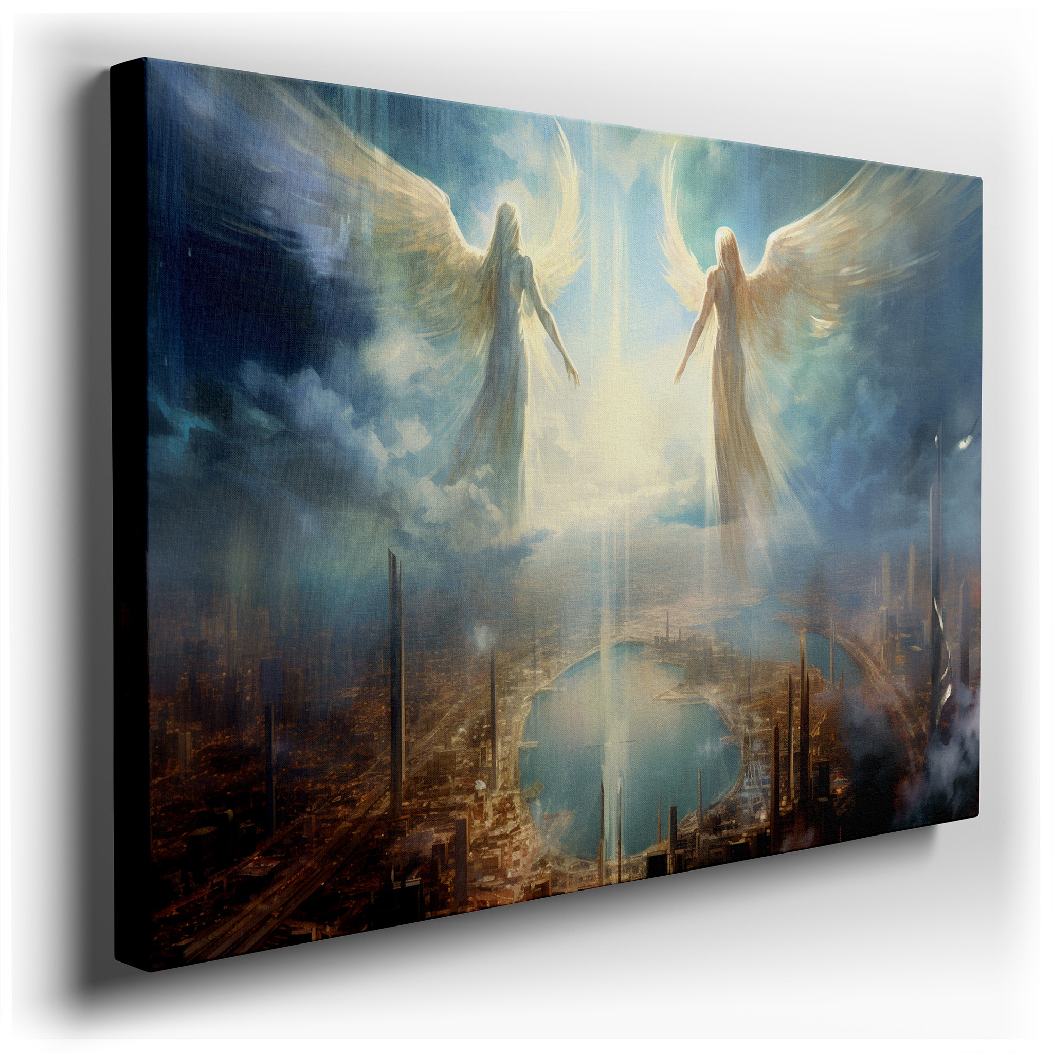 Angelic Figures Bathed in Radiant Light Above Modern Cityscape, Symbolizing Peace and Optimism, Large Wall Art, Canvas