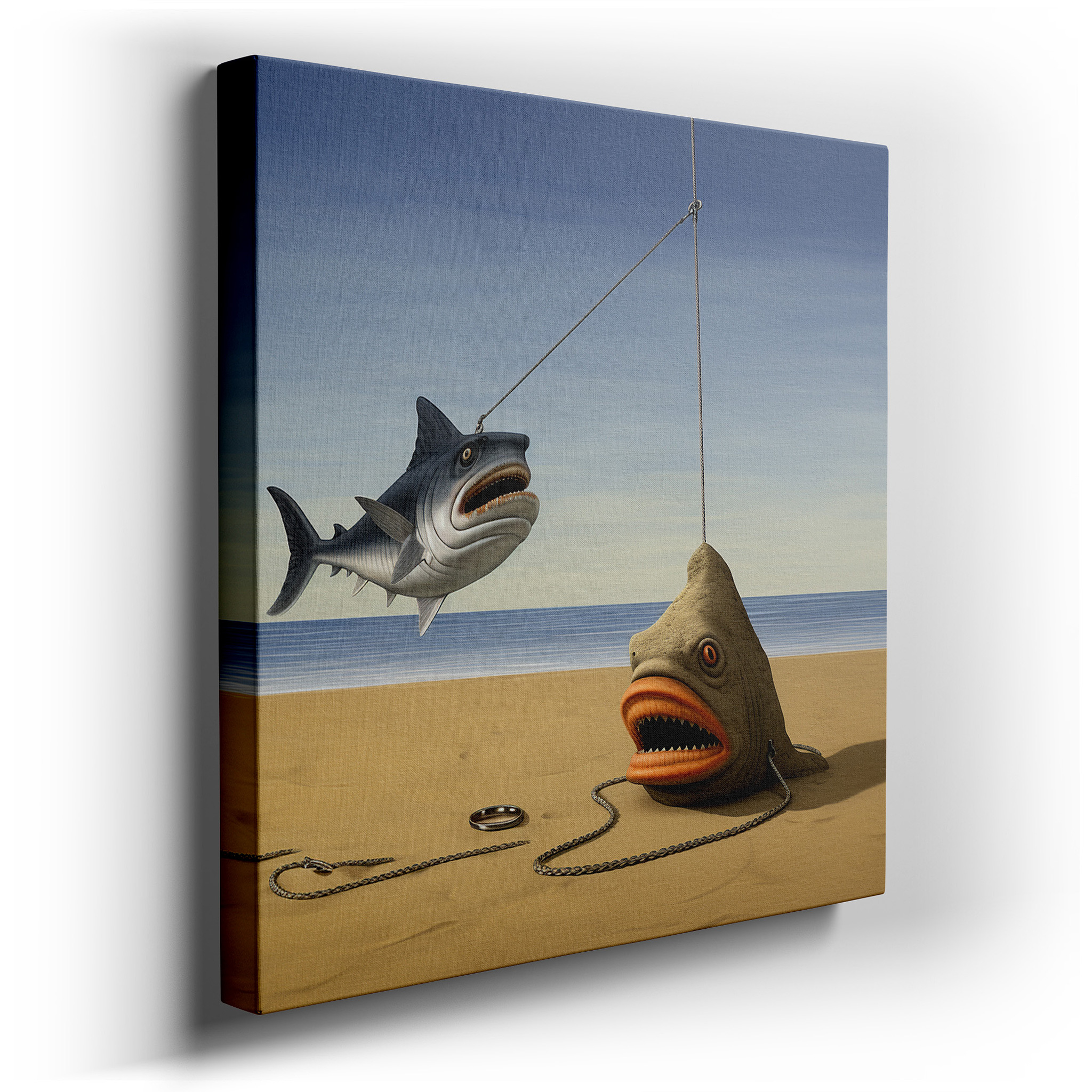 Anthropomorphic Fish at Sunset Whimsical Beach Gathering Large Canvas Wall Art for Office and Bedroom Decor wrapped