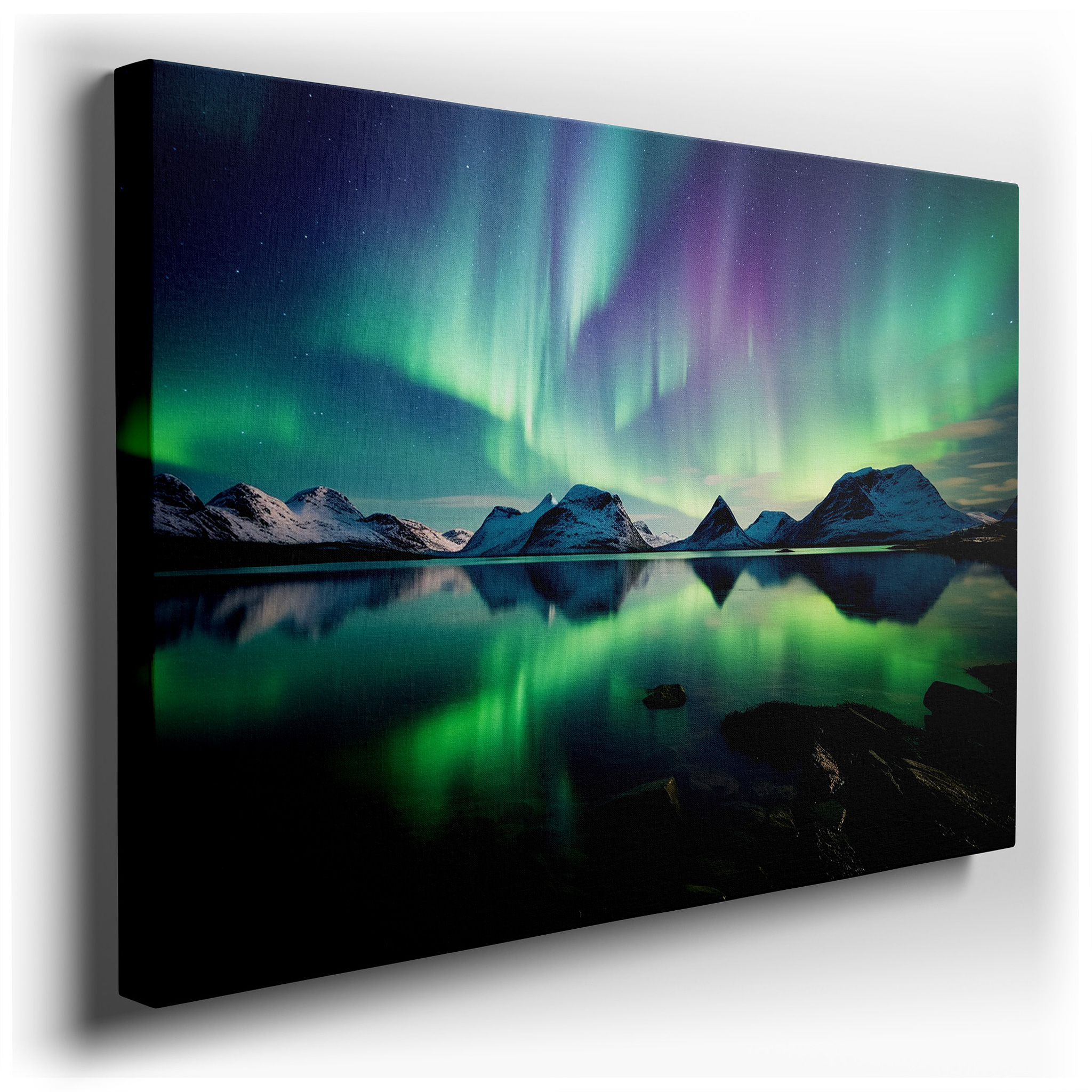 Aurora Borealis Over Peaceful Mountains and Reflective Waters Large Canvas Wall Art for Office Decor wrapped canvas -