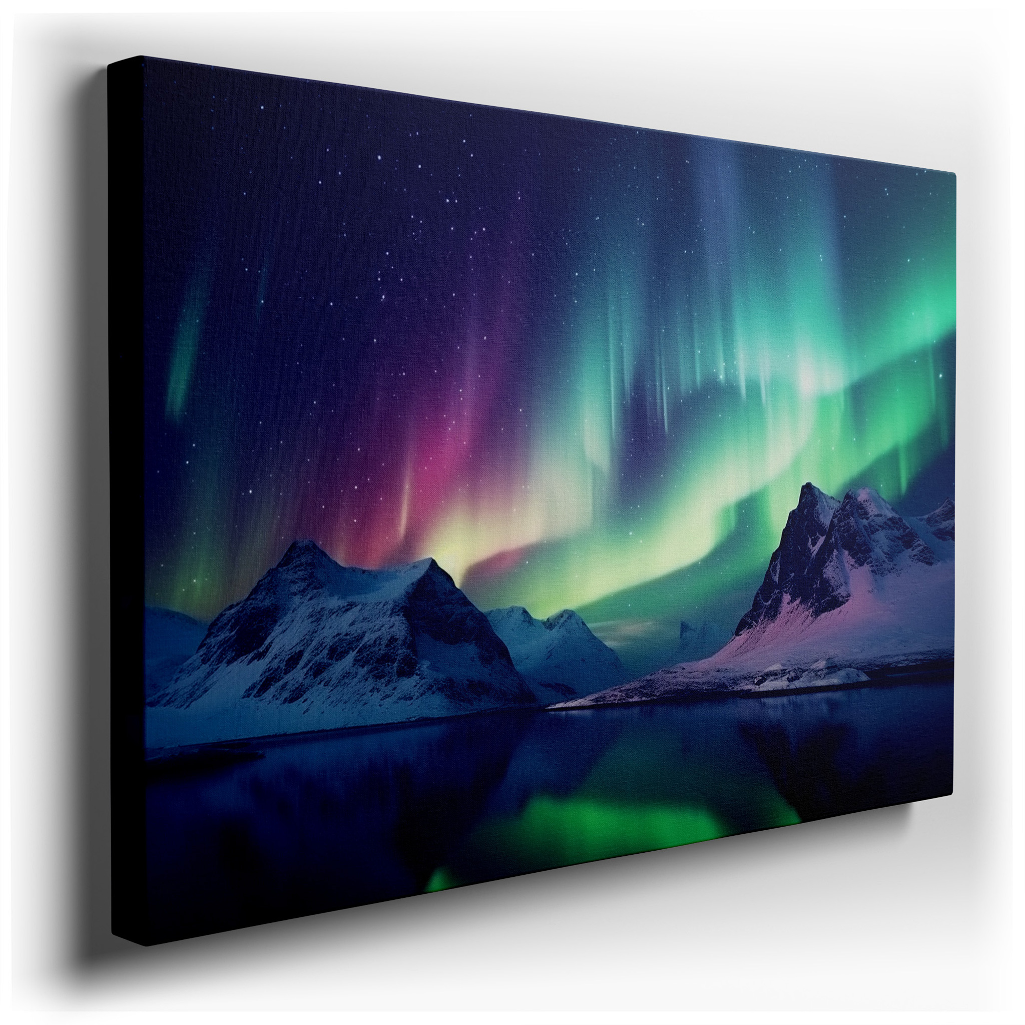 Aurora Borealis Over Snow - Capped Mountains and Tranquil Lake Reflection Large Canvas Wall Art for Home and Office