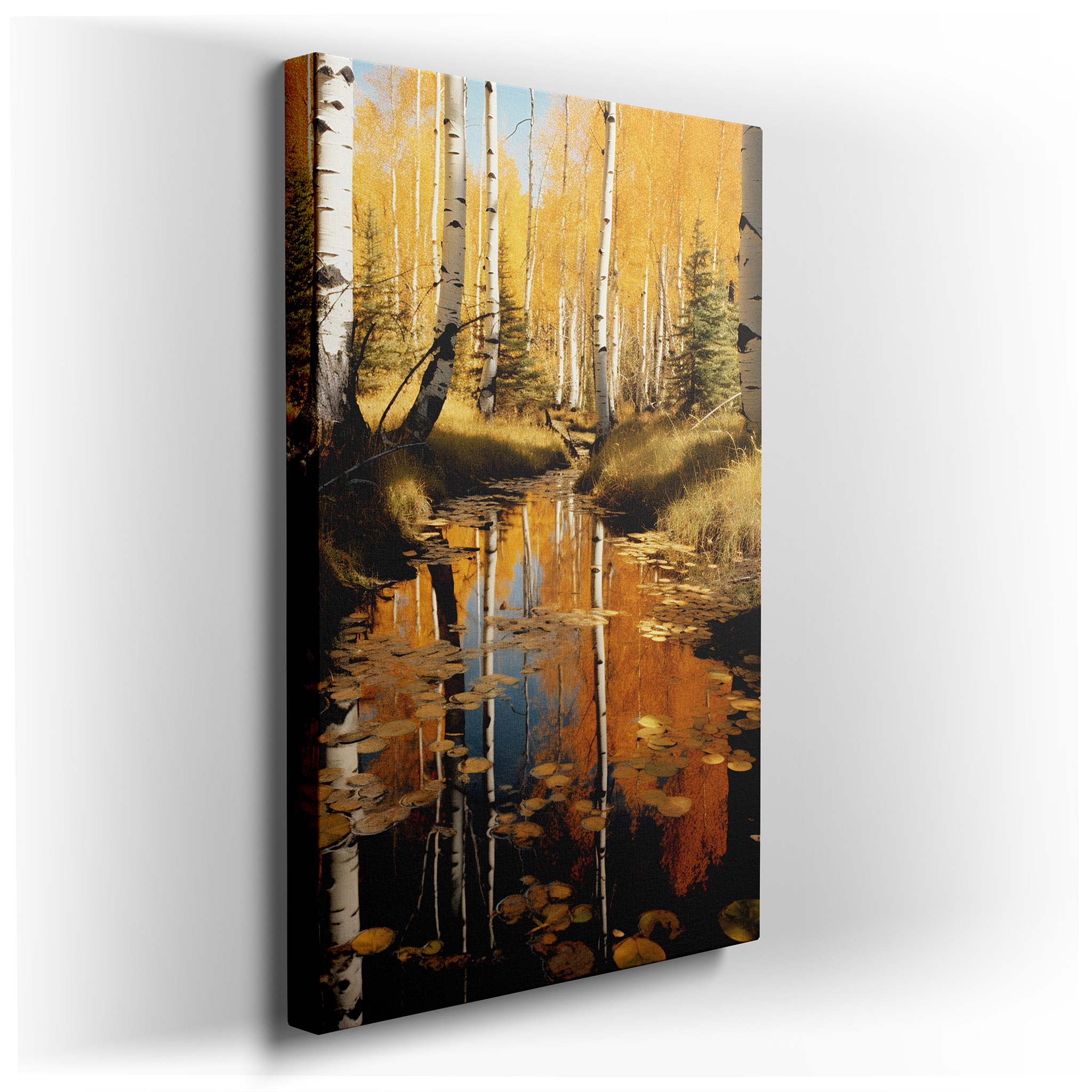 Autumn Aspen Reflections on a Tranquil Forest Pond - Large Canvas Wall Art for Office, Bedroom, and Living Room Decor