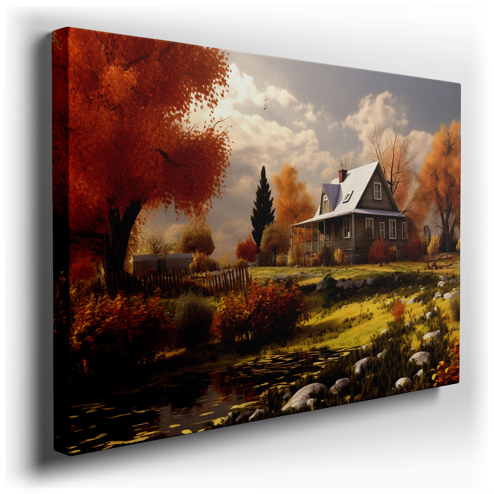 Autumn Embrace in a Peaceful Countryside Scene with a Cozy House Large Wall Art, Canvas Wall Decor, Office and Bedroom