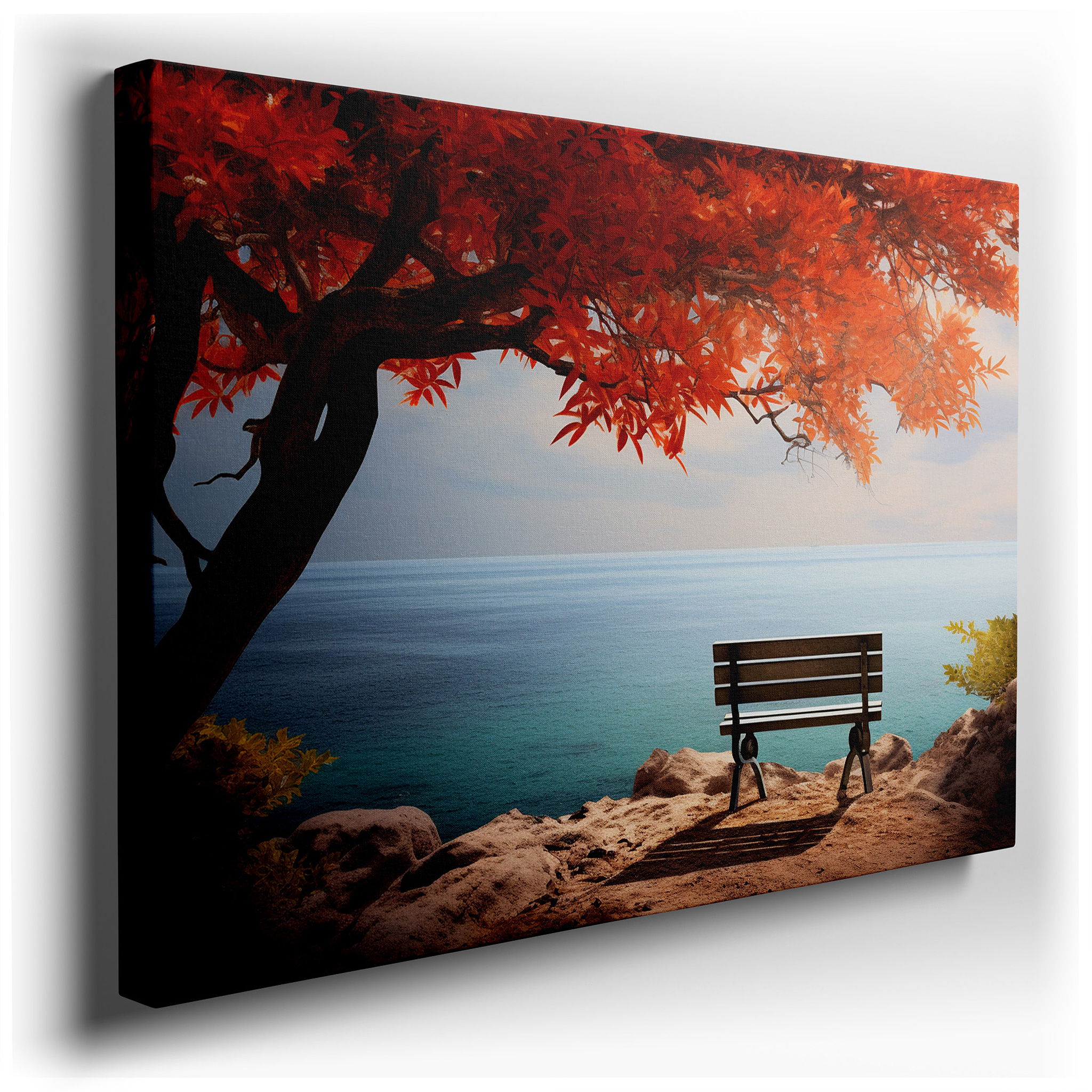 Autumn Embrace: Serene Coastal Waters - A Visual Sanctuary for Peace and Reflection, Large Canvas Wall Art for Office