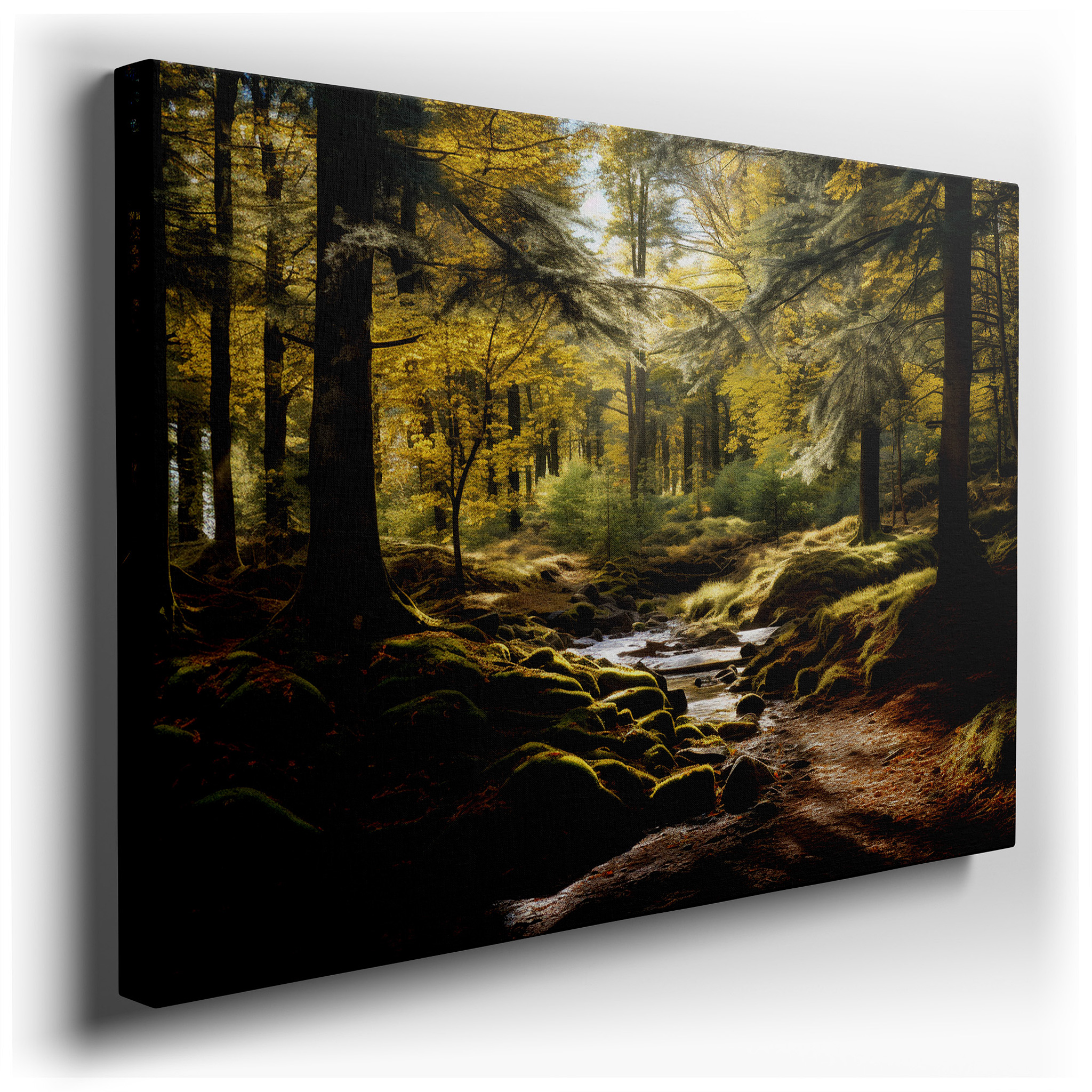 Autumn Forest Enchantment: Golden Leaves and Serene Stream - Large Canvas Wall Art for Office and Bedroom Decor wrapped