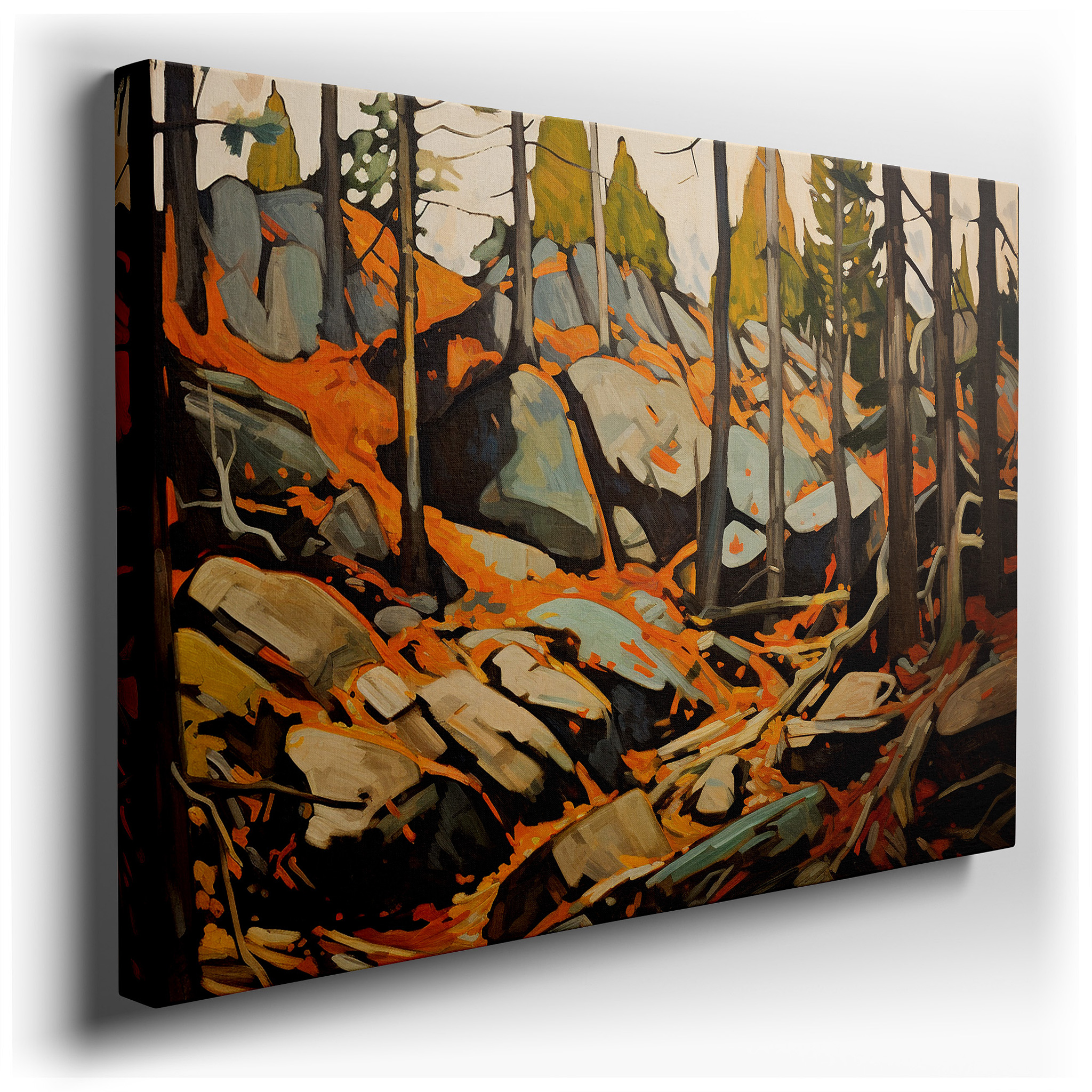 Autumn Forest Scene with Vibrant Leaves and Sunlit Treetops - Large Canvas Wall Art for Office, Bedroom, and Living