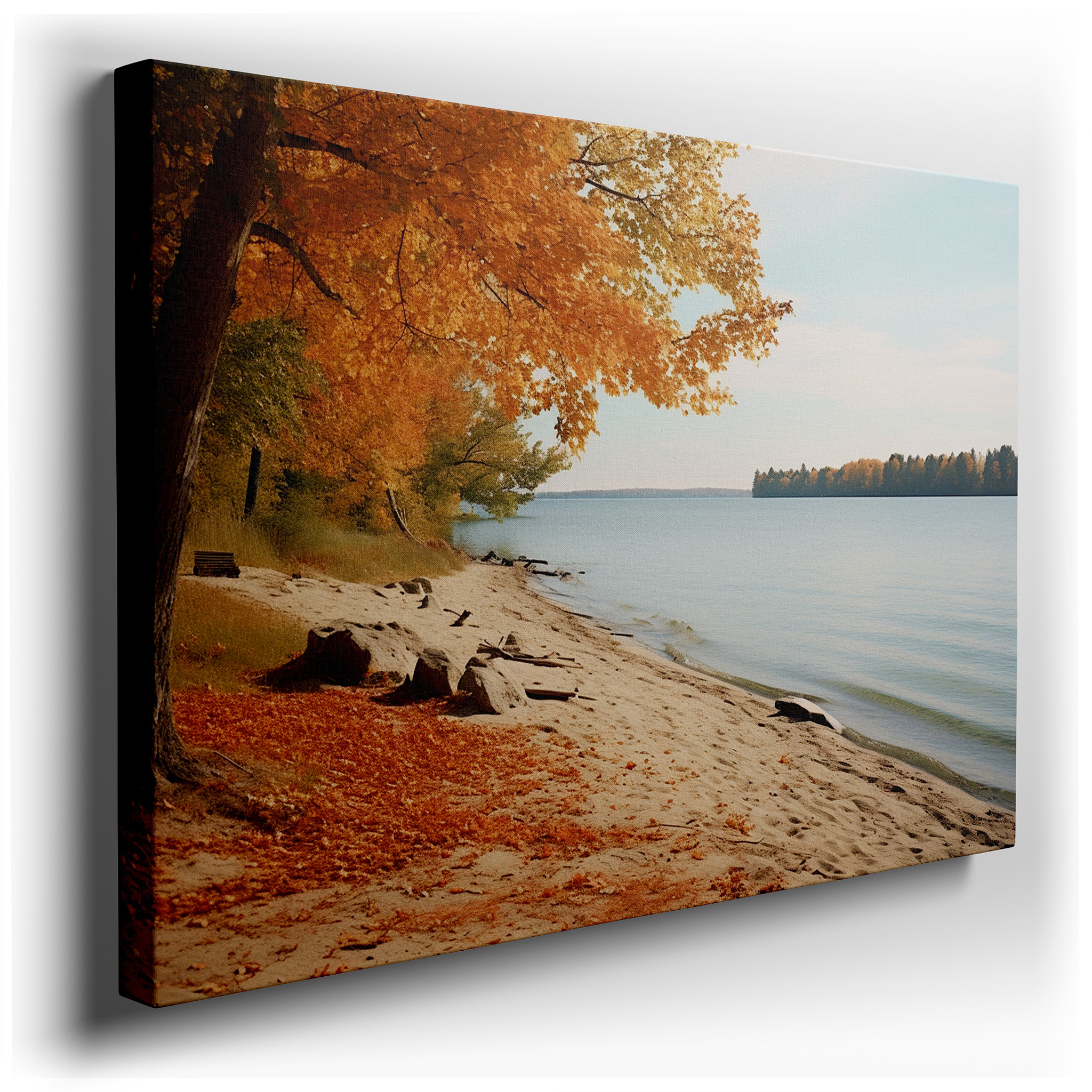 Autumn Lakeside Reflections in Golden Hues - Large Canvas Wall Art for Office, Bedroom, and Living Room Decor wrapped