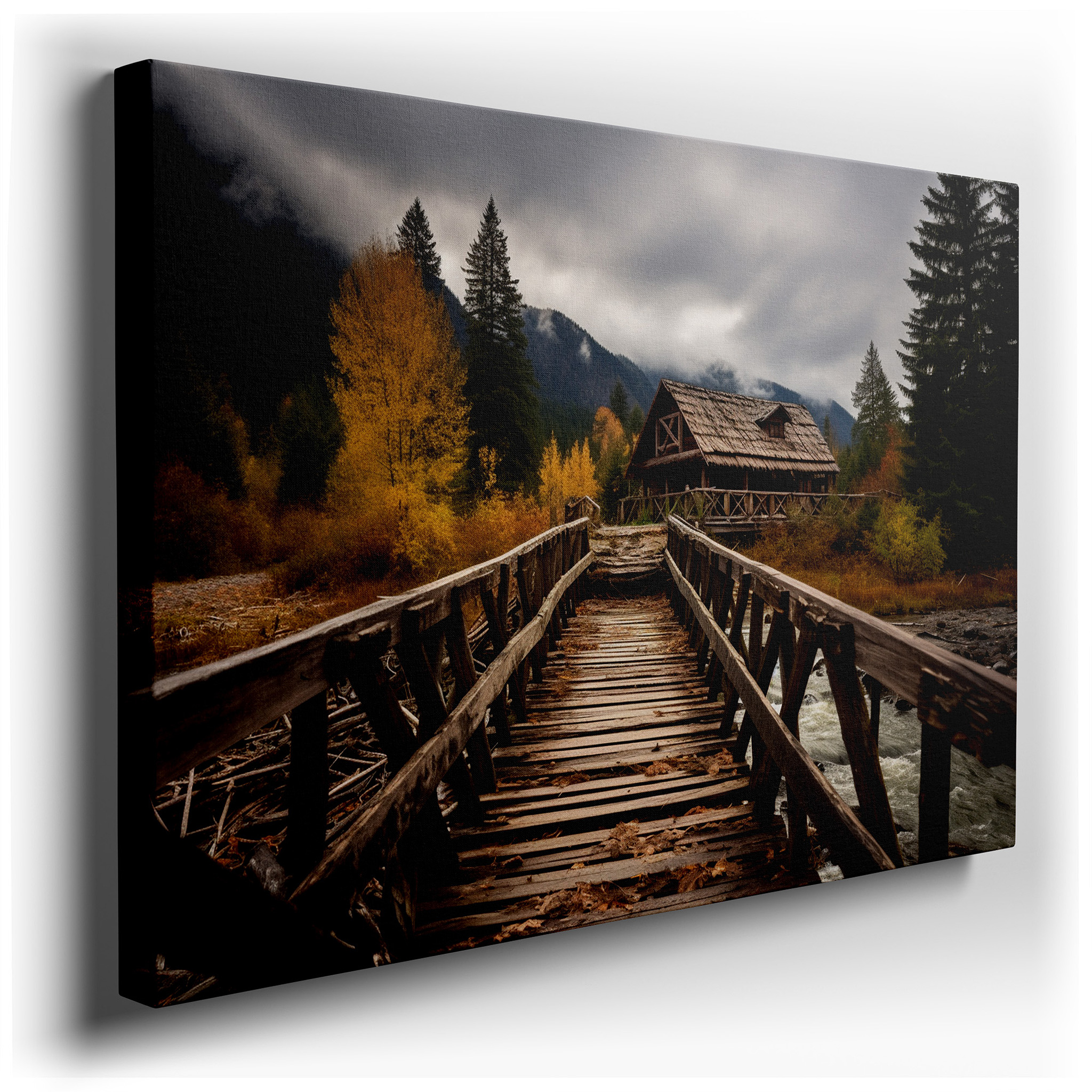Autumn Retreat Rustic Bridge and Cabin Canvas Print, Vibrant Foliage and Misty Mountain Peaks Wall Art, Large Office
