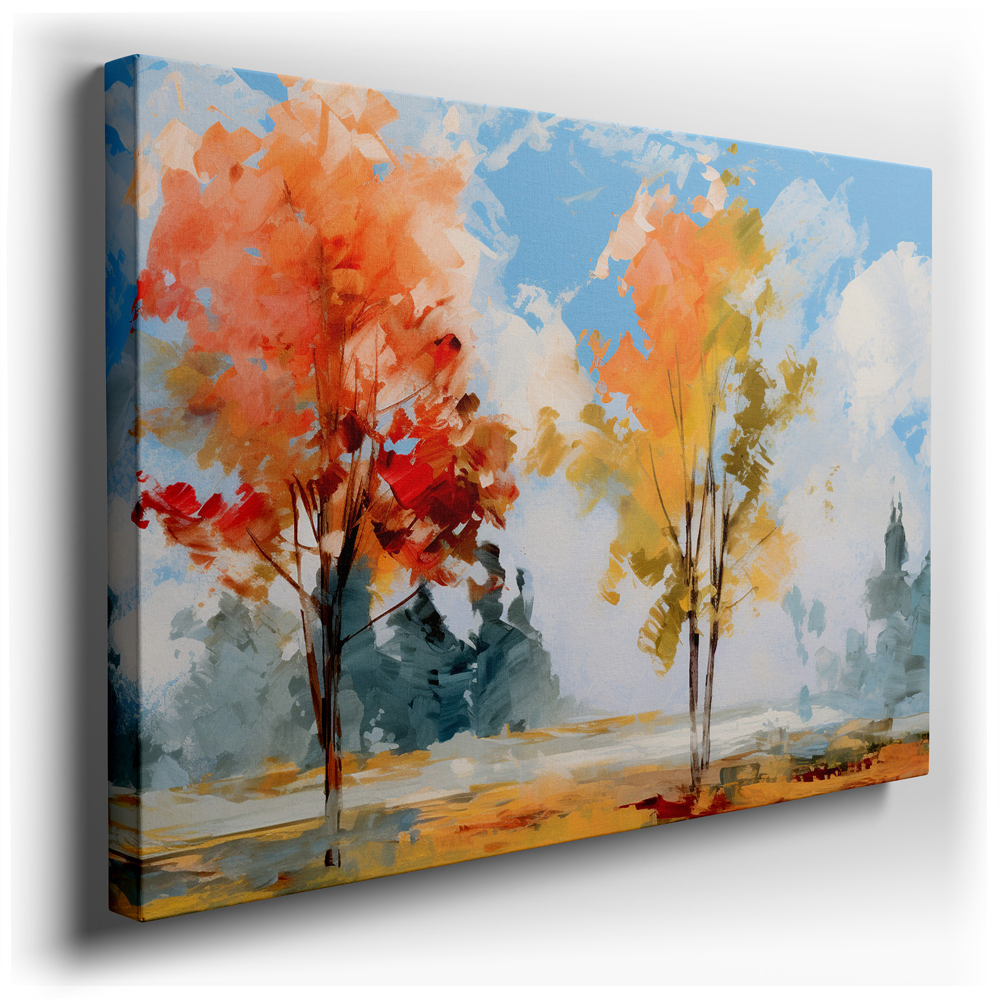 Autumn's Dance Beneath a Brilliant Sky - Vibrant Reds and Oranges Clash with Bold Blues Large Wall Art, Canvas Wall