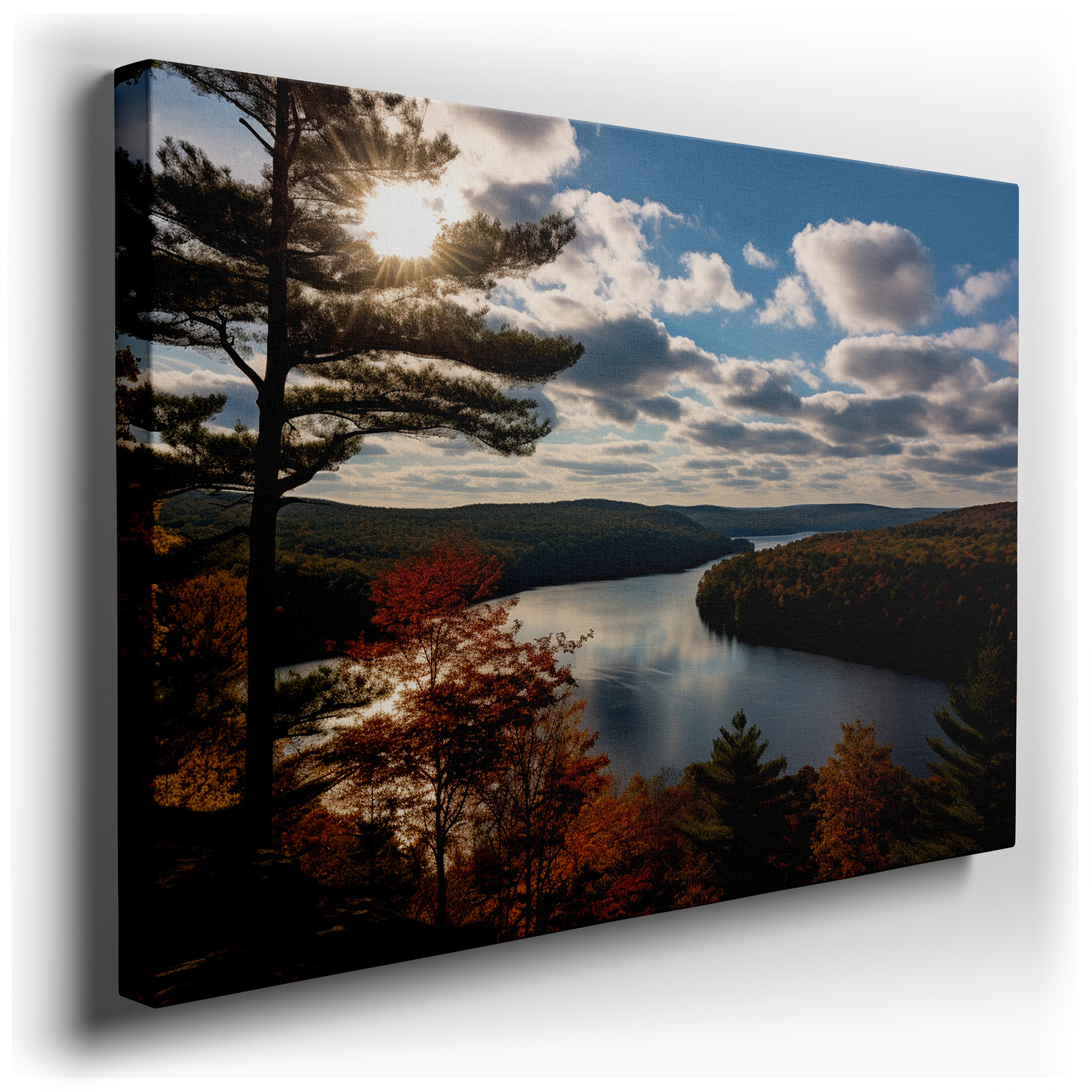 Autumn's Fiery Reflections: Tranquil River Large Canvas Wall Art for Office, Bedroom, and Living Room Decor wrapped