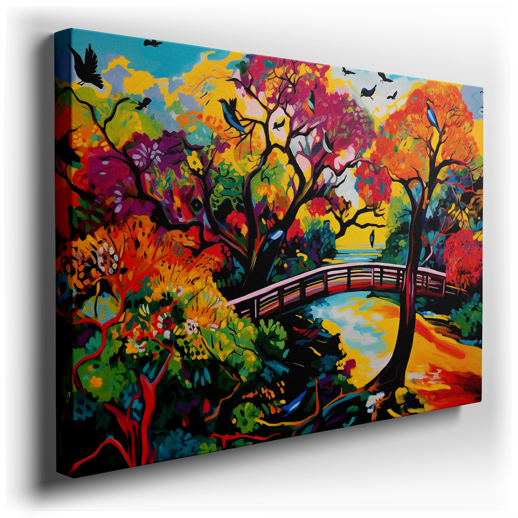 Autumn's Gateway - A Striking Oil Painting of Rustic Bridges and Bright Autumn Leaves, Large Wall Art, Canvas Wall Art,