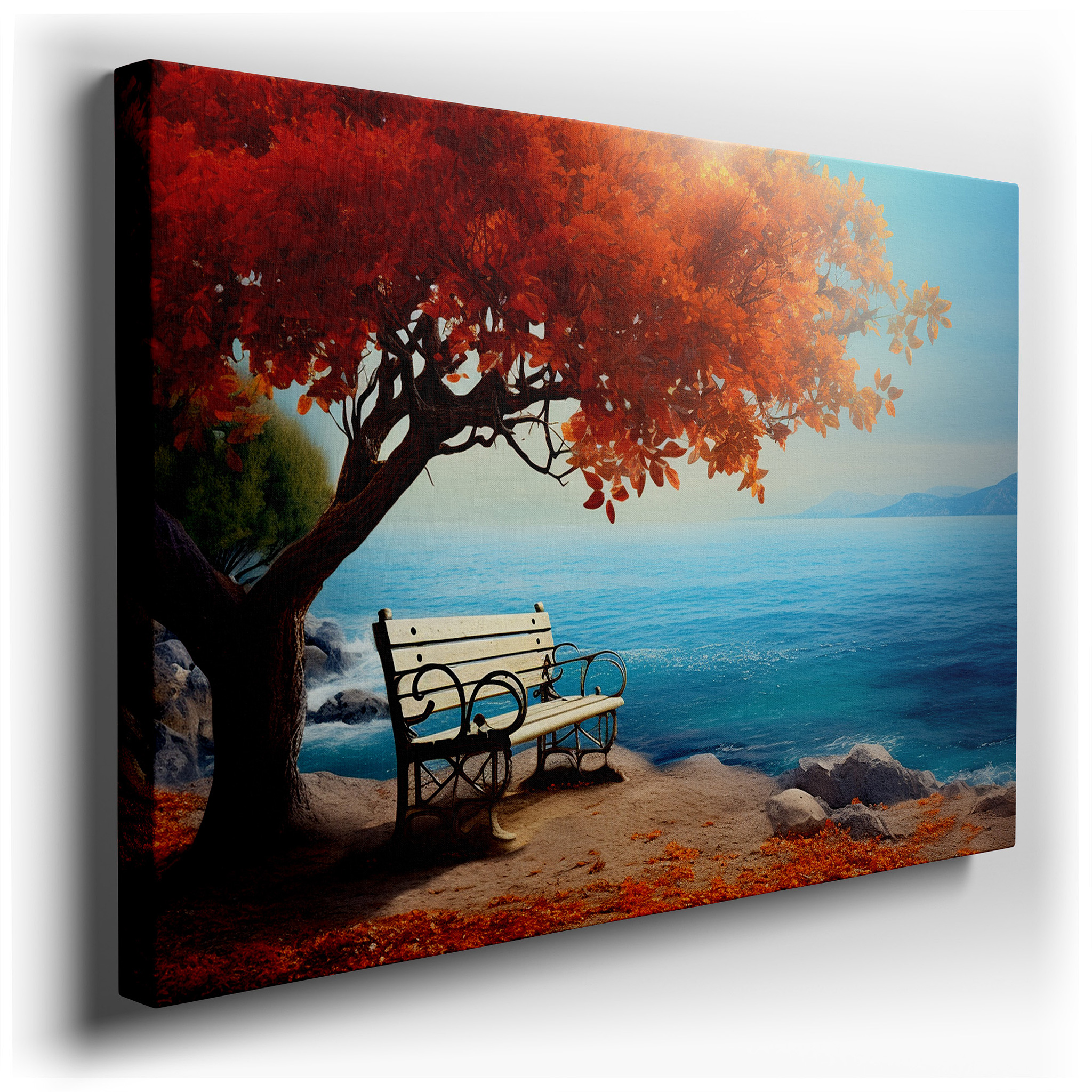Autumn's Glory by the Tranquil Sea - Serene Fusion of Fiery Leaves and Calm Waters, Large Wall Art, Canvas Wall Art,
