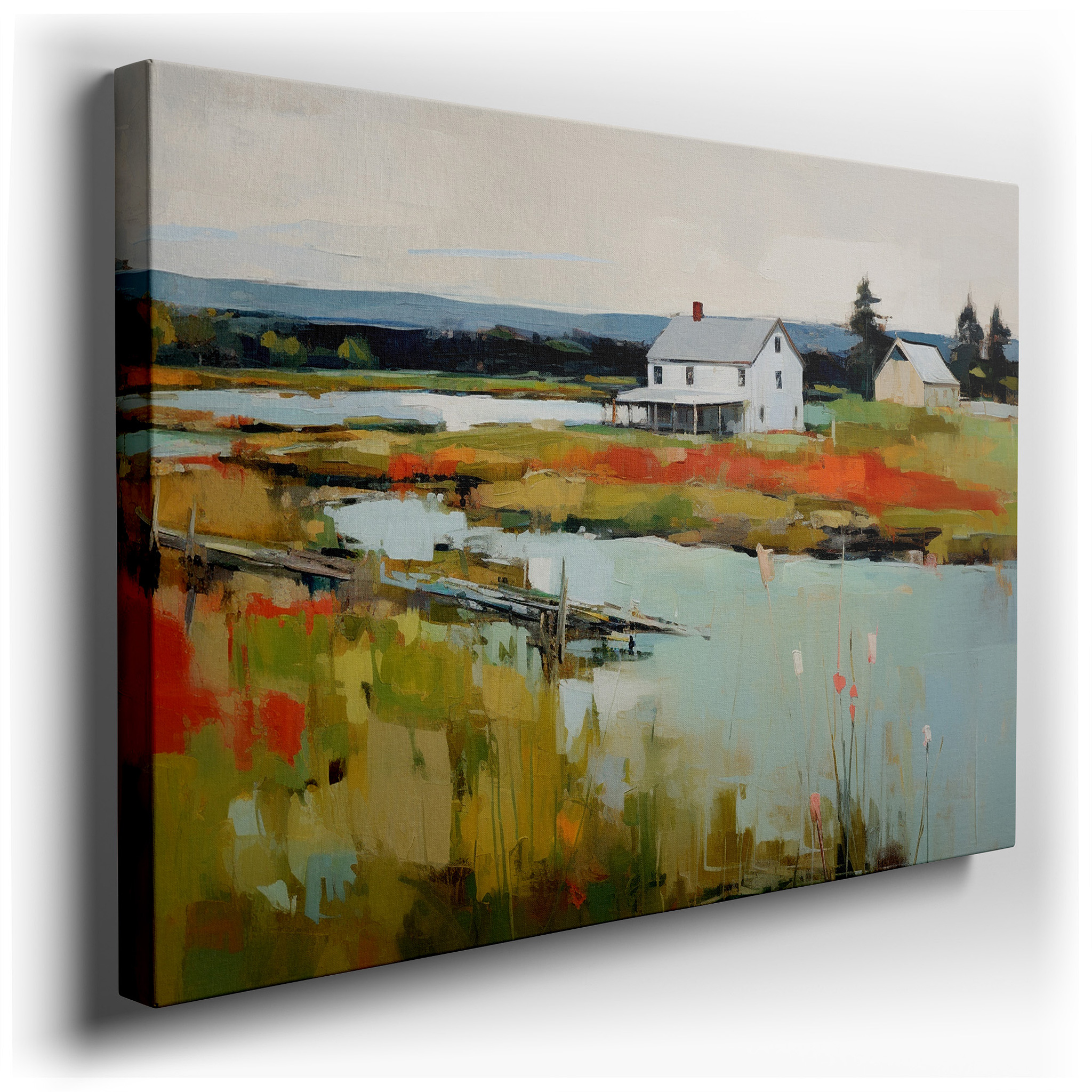 Autumn's Tranquil Reflections: Timeless Rural Escape - Large Canvas Wall Art for Office and Bedroom Decor wrapped