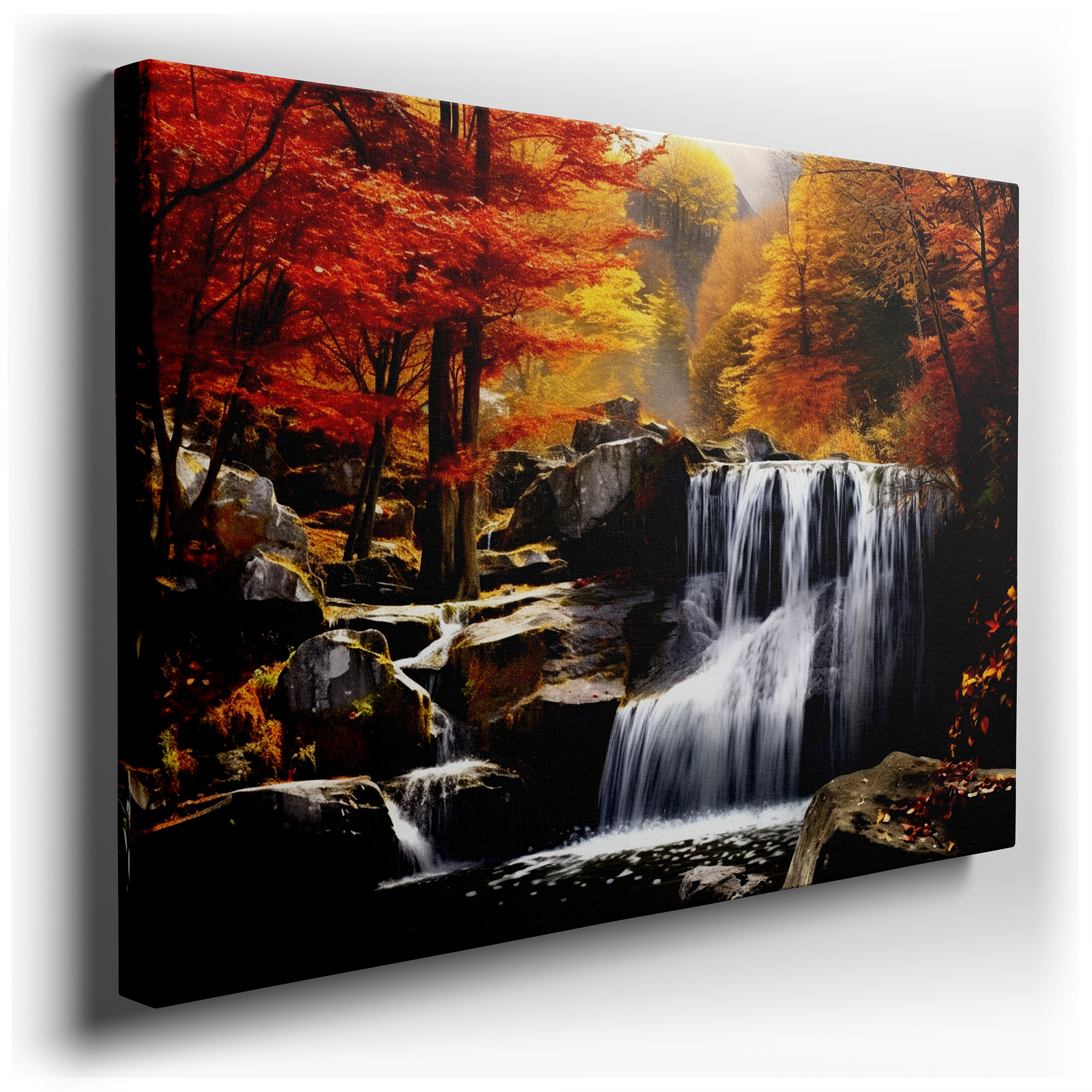 Autumn Waterfall with Bright Foliage, Tranquil Forest Scene Large Wall Art, Canvas Wall Decor for Office and Bedroom