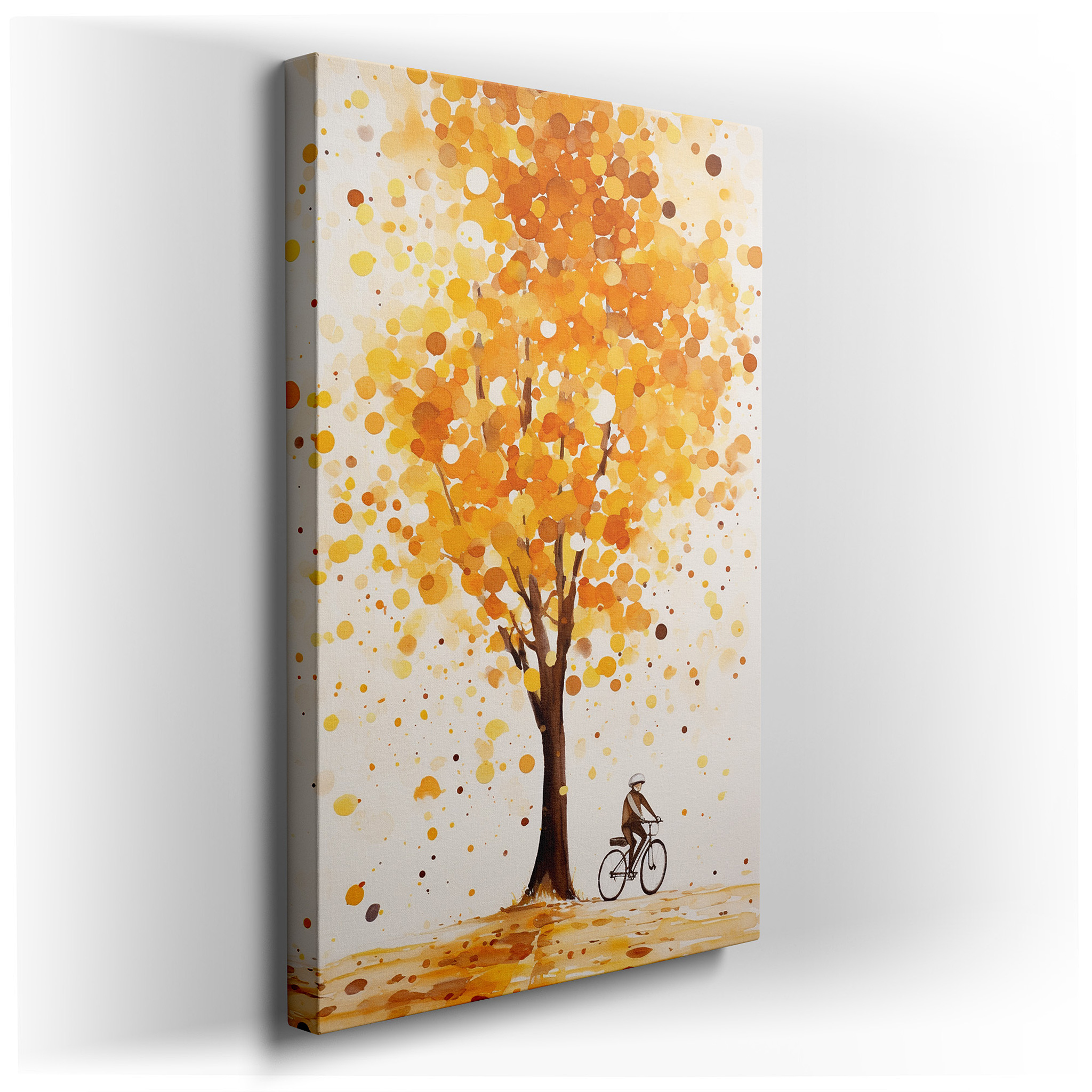 Autumn Whimsy: Solitary Cyclist Under a Grand Tree - Large Canvas Wall Art for Office and Bedroom Decor wrapped canvas