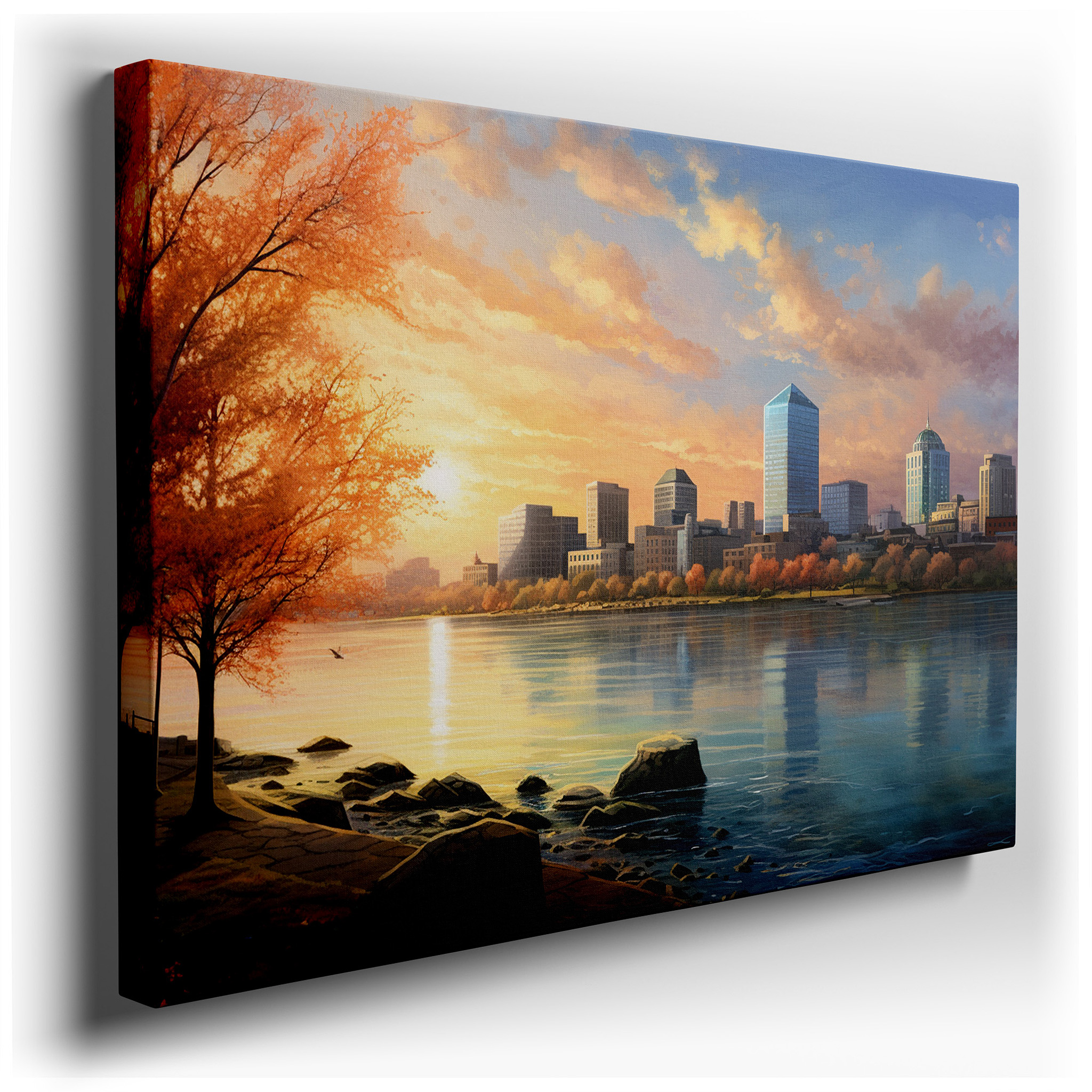 Autumnal City Skyline and Golden Sunset Reflection Large Canvas Wall Art for Office and Bedroom Decor wrapped canvas -