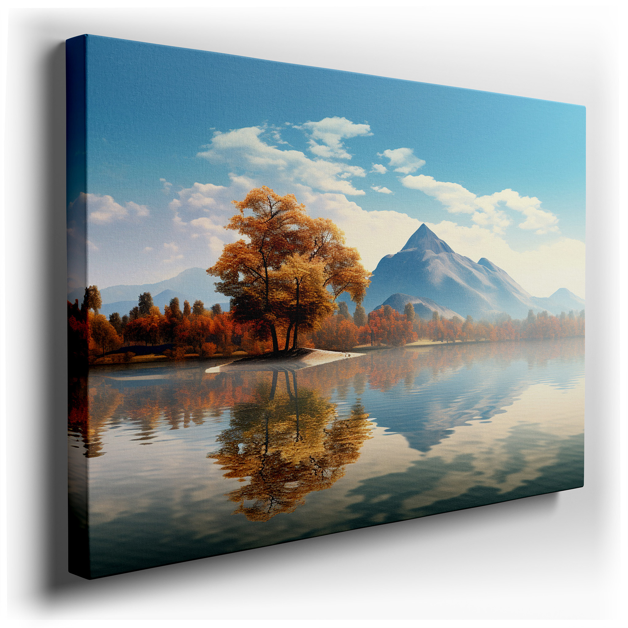Autumnal Majesty: Serene Lake and Golden Mountain Reflections - Large Canvas Wall Art for Office and Bedroom Decor