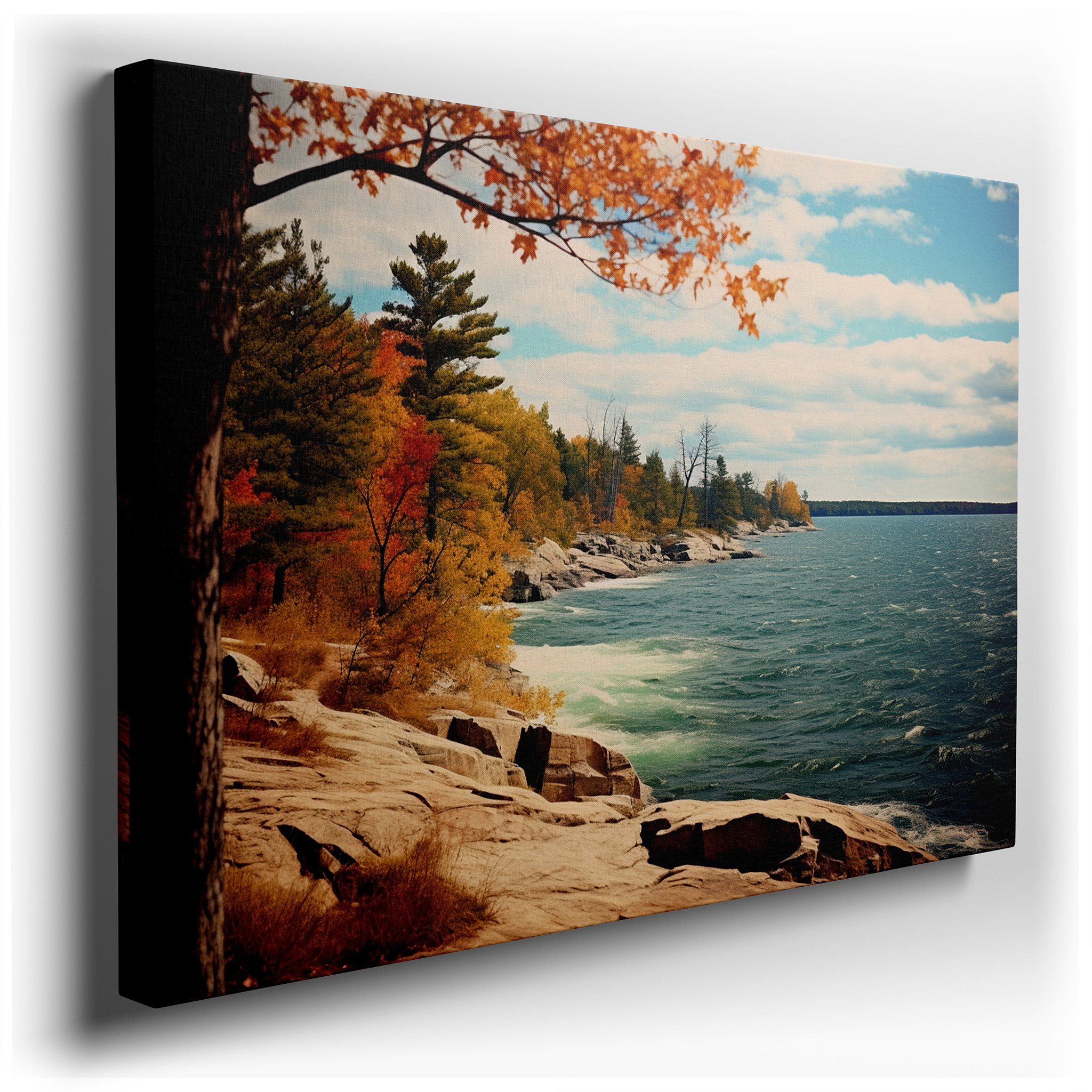 Autumnal Serenity by the Lake: Vibrant Foliage and Tranquil Waters Under a Clear Blue Sky - Large Wall Art, Canvas Wall