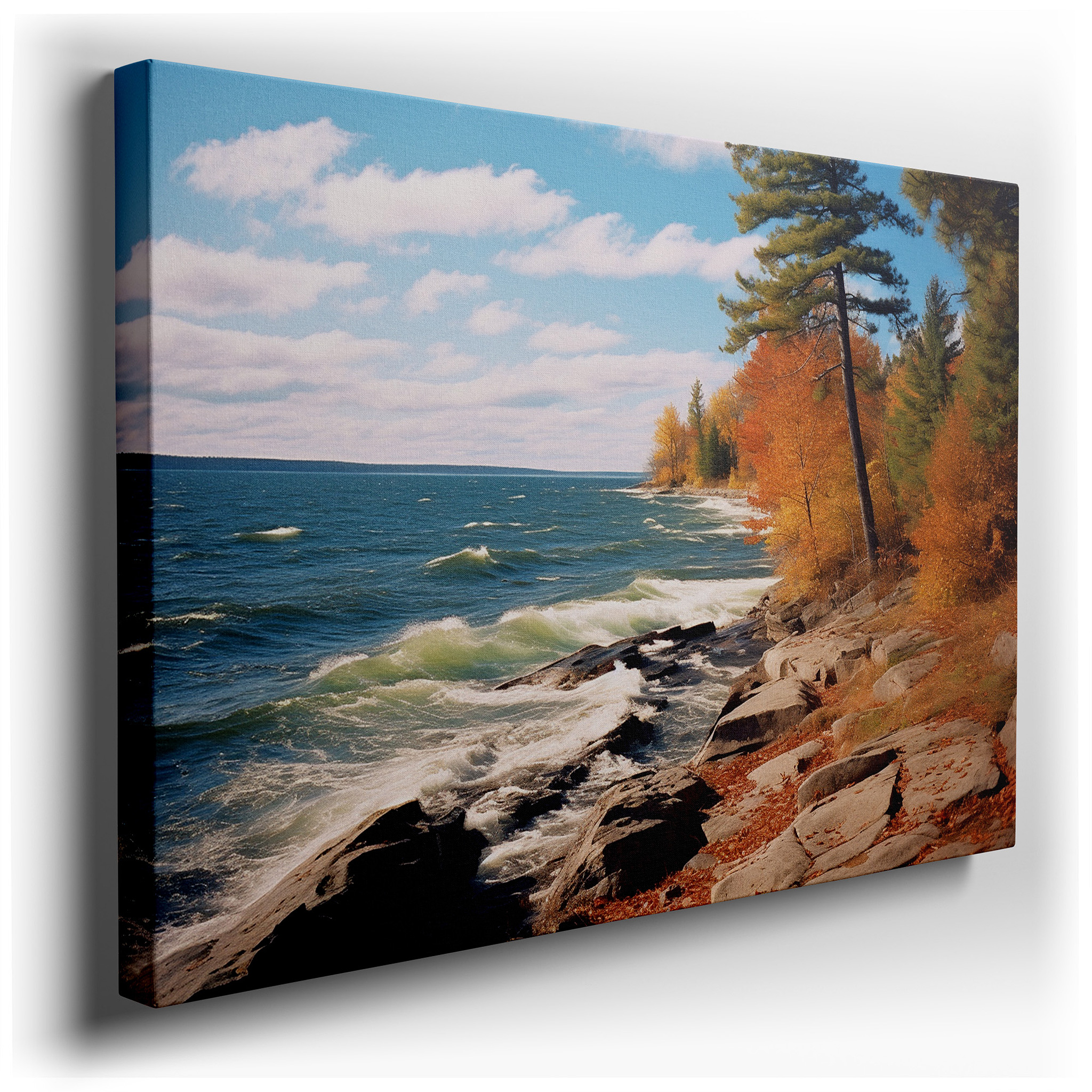 Autumnal Serenity Coastline, Vibrant Foliage Over Calm Lake Waters, Large Canvas Wall Art for Office and Bedroom Decor