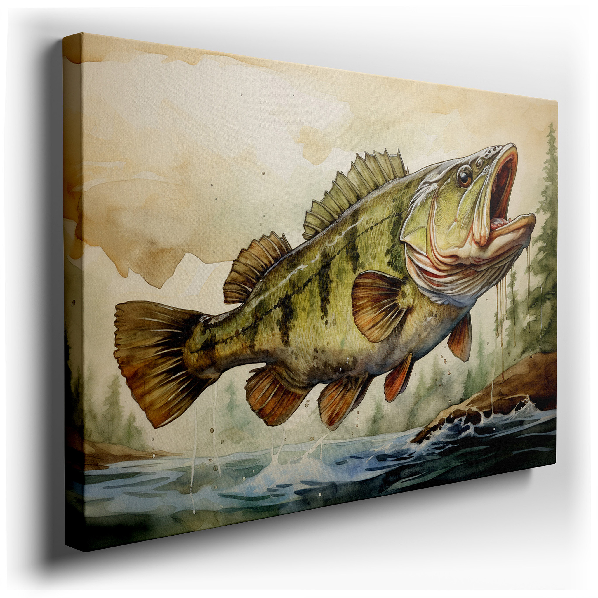 Bass Fish Leaping in a Lush Green Setting, Elegant Nature Scene Large Wall Art, Canvas Wall Art, Wall Decor for Office