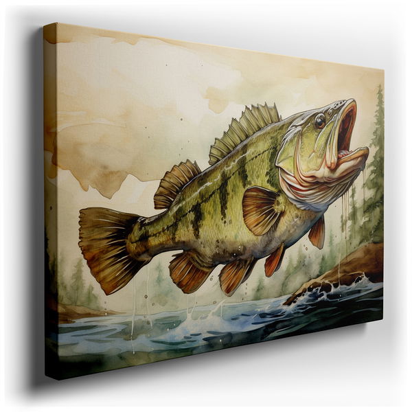 Bass Fish Leaping in a Lush Green Setting - Elegant Nature Canvas Wall Art