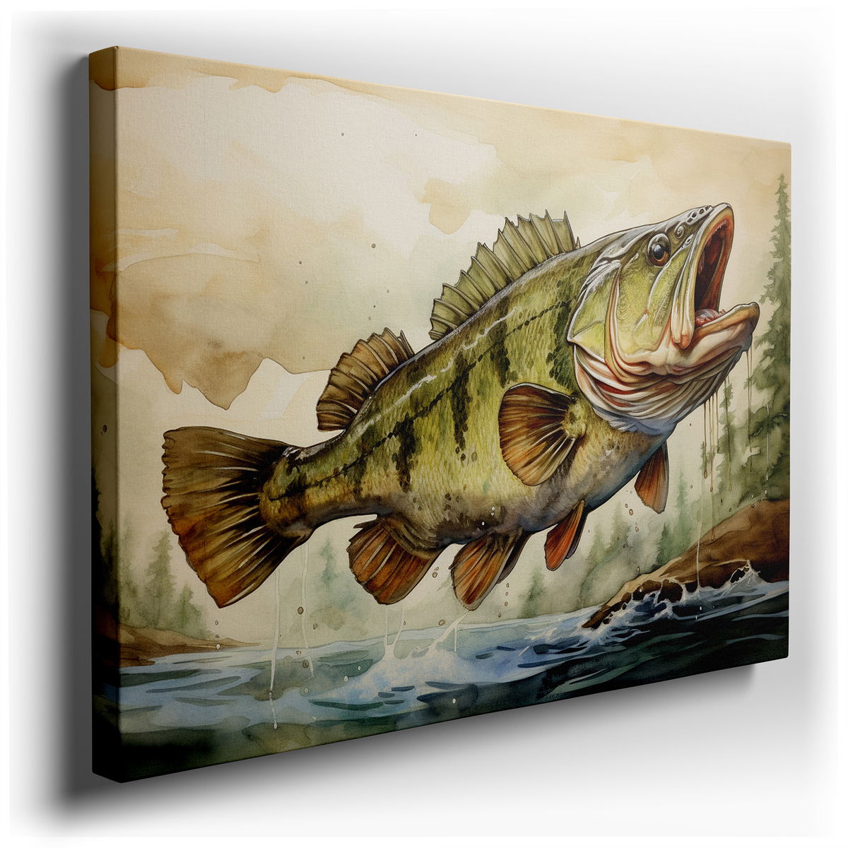 Bass Fish Leaping in a Lush Green Setting - Elegant Nature Canvas Wall Art