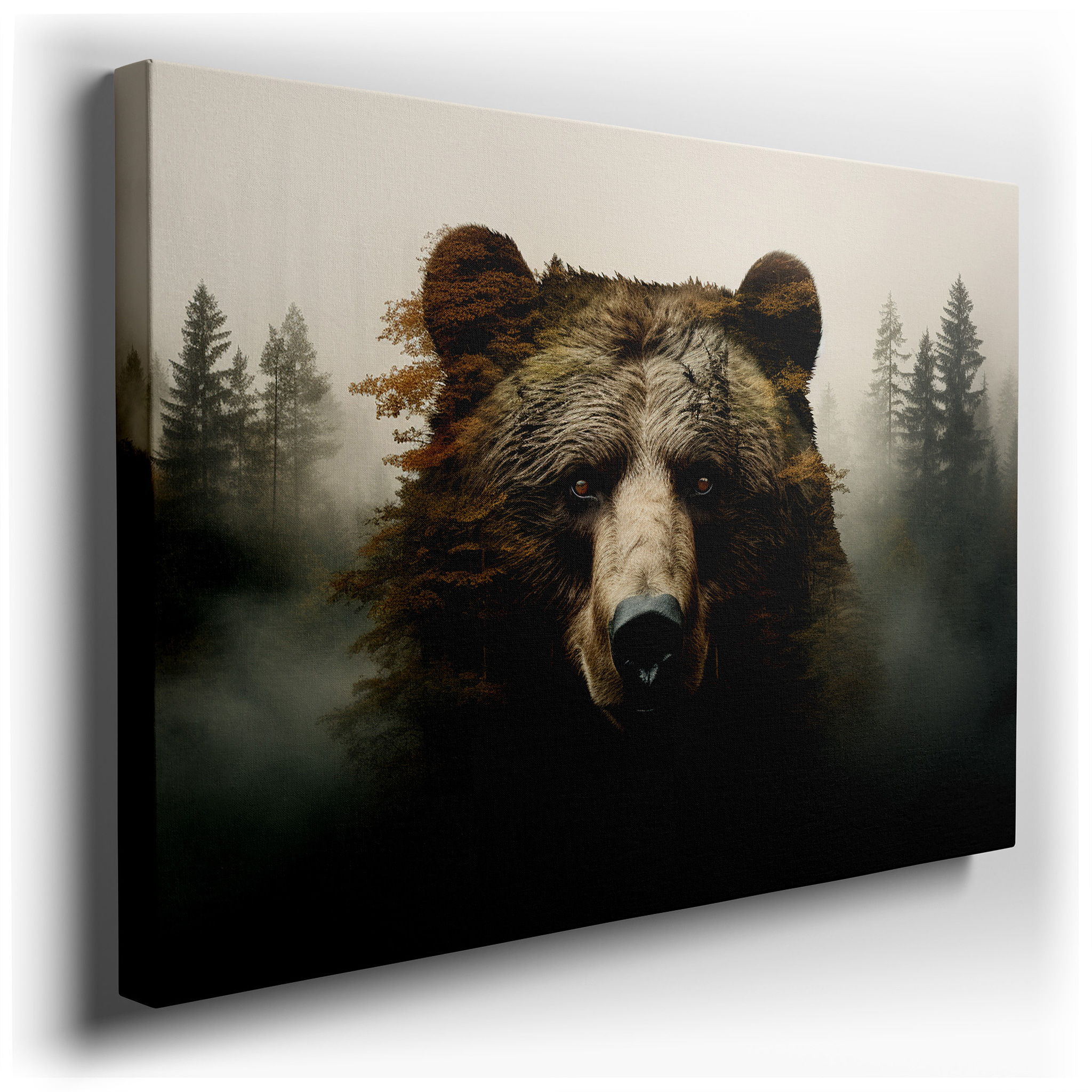 Bear Emerging from a Misty Forest: A Perfect Fusion of Wild Spirit and Peaceful Woods - Large Canvas Wall Art for Home