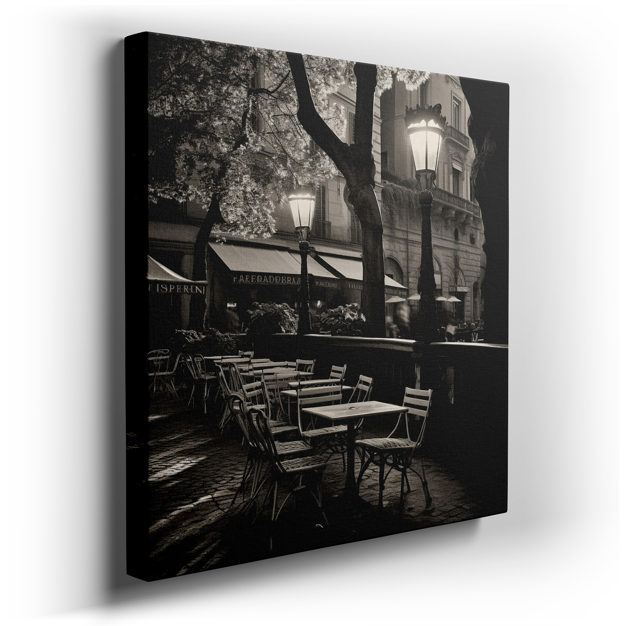 Black and White Café Terrace Wall Art: Timeless Elegance Under Majestic Trees - Large Canvas for Home and Office Decor