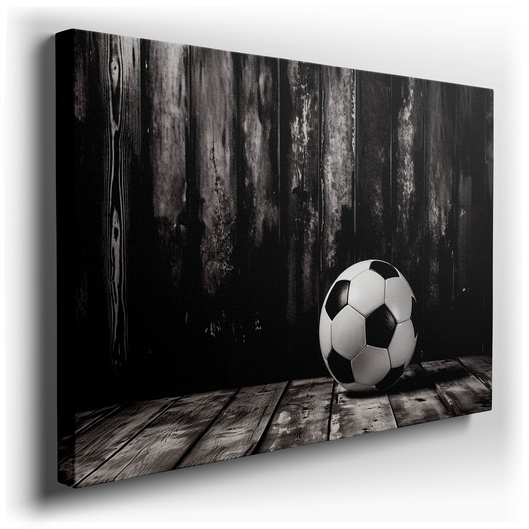 Black and White Soccer Ball on Rustic Wooden Floor - Timeless Tribute to the Beautiful Game, Large Canvas Wall Art for