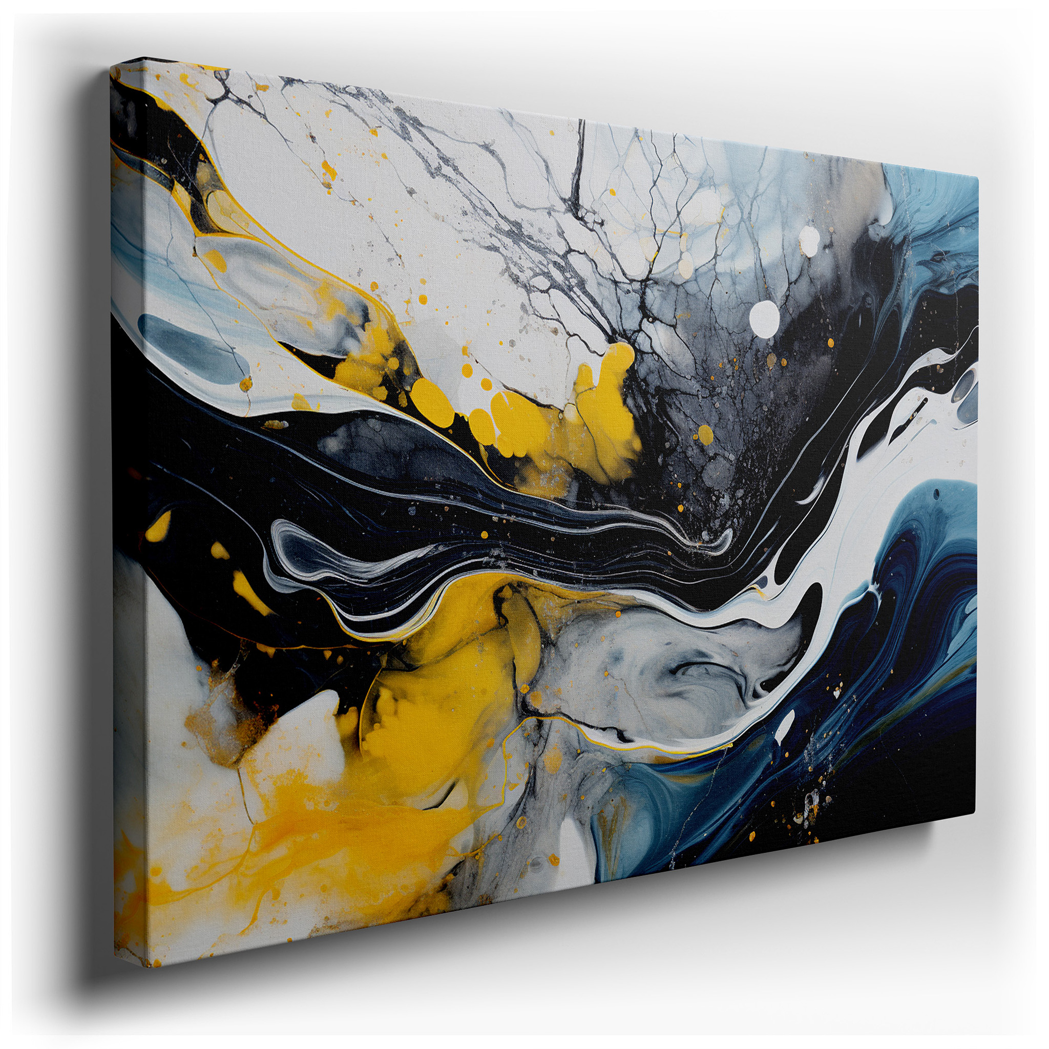 Black and Yellow Swirls on a Serene Blue and White Background Large Canvas Wall Art, Wall Decor for Office and Bedroom
