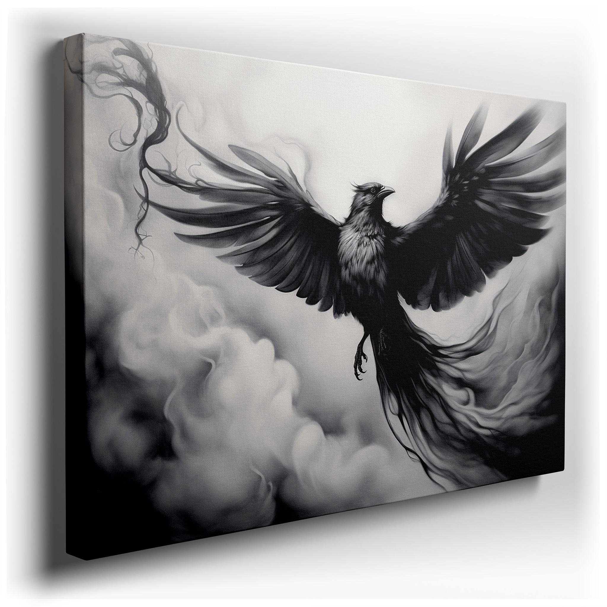 Black Bird Soaring in Monochrome Sky: Symbol of Freedom and Nature's Power - Large Canvas Wall Art for Office Decor