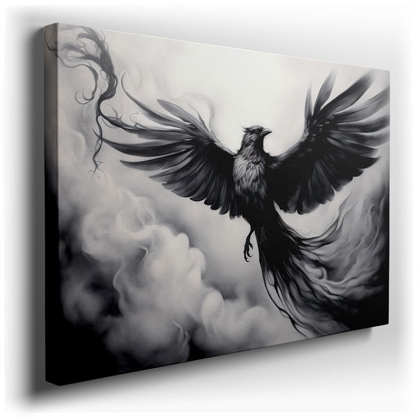 Black Bird Soaring in Monochrome Sky Wall Art