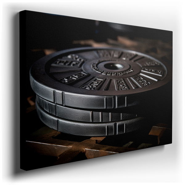Black Weight Plates on a Sturdy Rack - Modern Canvas Wall Art