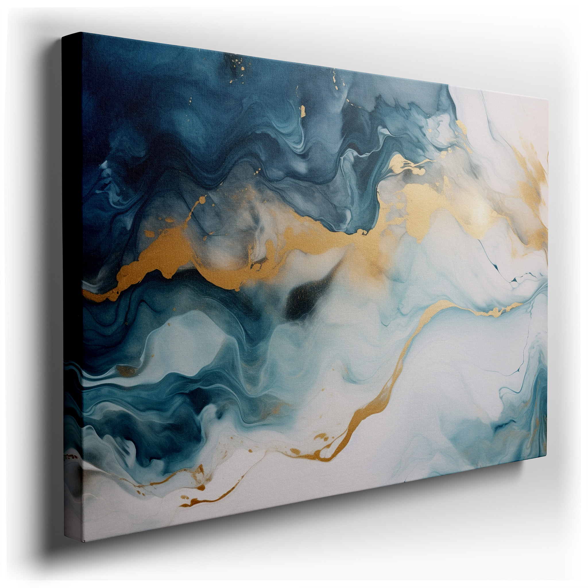 Blue and Gold Fluid Waves, Embodying the Serene Beauty and Depth of the Ocean - Large Canvas Wall Art for Home and